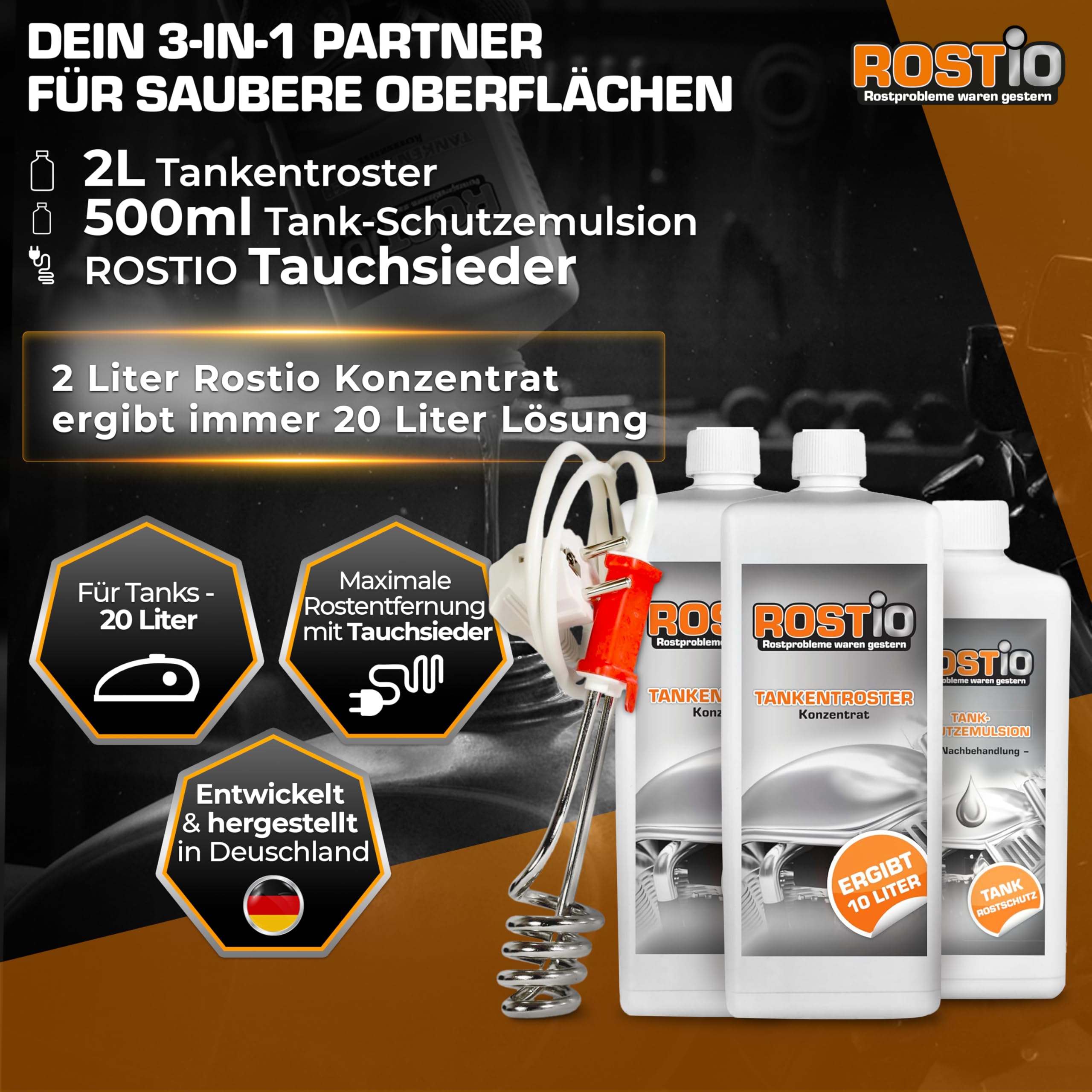 Rostio Tankentroster-Set 2L – inkl. Tank-Schutzemulsion 500 ml + Tauchsieder – hochergiebig (1:10) – für Tanks bis 20L – Rostentferner & Korrosionsschutz – Tanksanierungs-Set