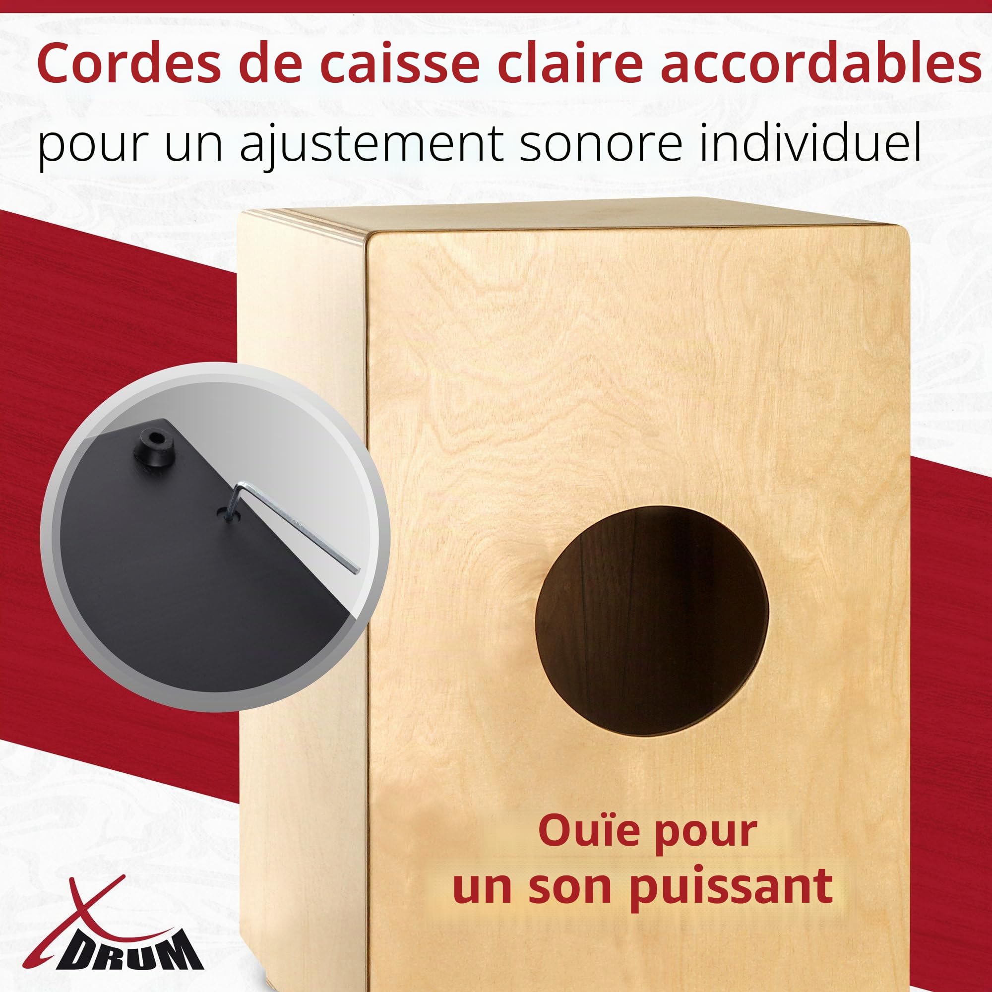 XDrum Cajon Peruana Hard Wood, Table d’impact de 3 mm en bois dur | Son équilibré et percutant avec un rapport bass/snare harmonieux, Corps en bouleau de 9 mm (7 plis), Clap Corners réglables