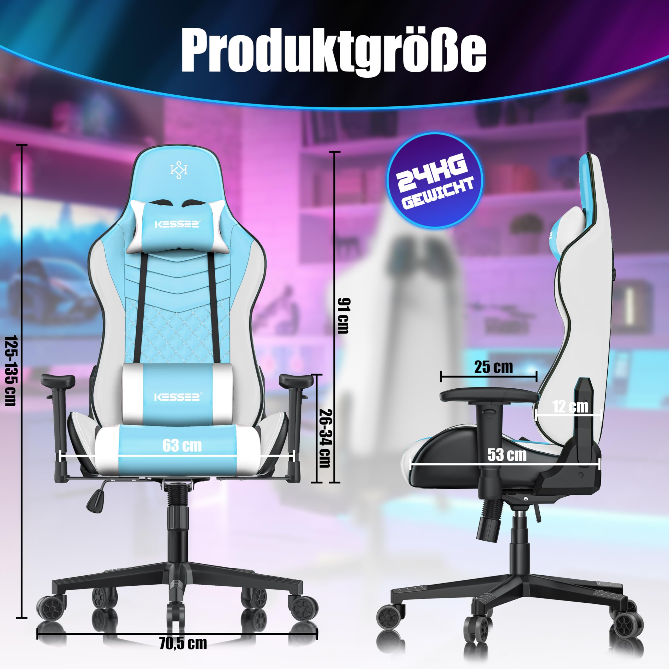 KESSER Sedia da gaming, ergonomica, da ufficio, con poggiatesta e cuscino lombare, portata 150 kg, bracciolo girevole a 360°, sedia da gioco e ruote in gomma
