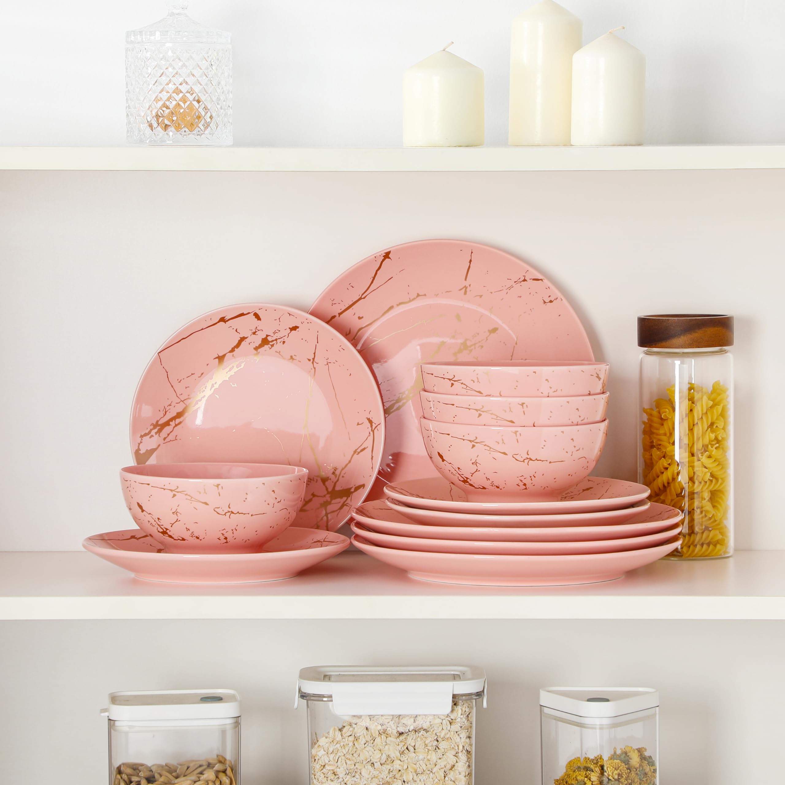 LOVECASA Service de table en porcelaine 12 pièces pour 4 personnes, design rose à motif doré, compatible lave-vaisselle, polyvalent toutes occasions, assiettes plates, assiettes à dessert et bols