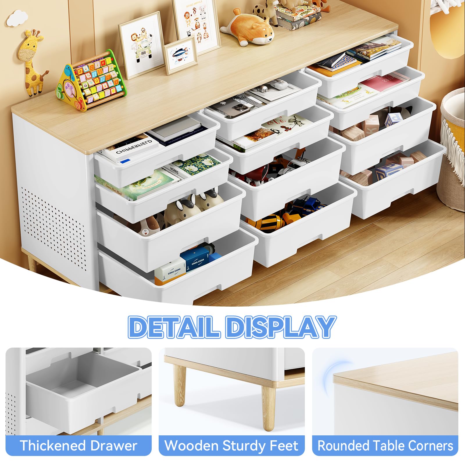 Storage Cabinet with 12 Drawers, Home Storage With Wooden Tabletop, Cube Storage Organizer for Living Room, Bedroom, Classroom, Office, Playroom, Craft Room, (White)