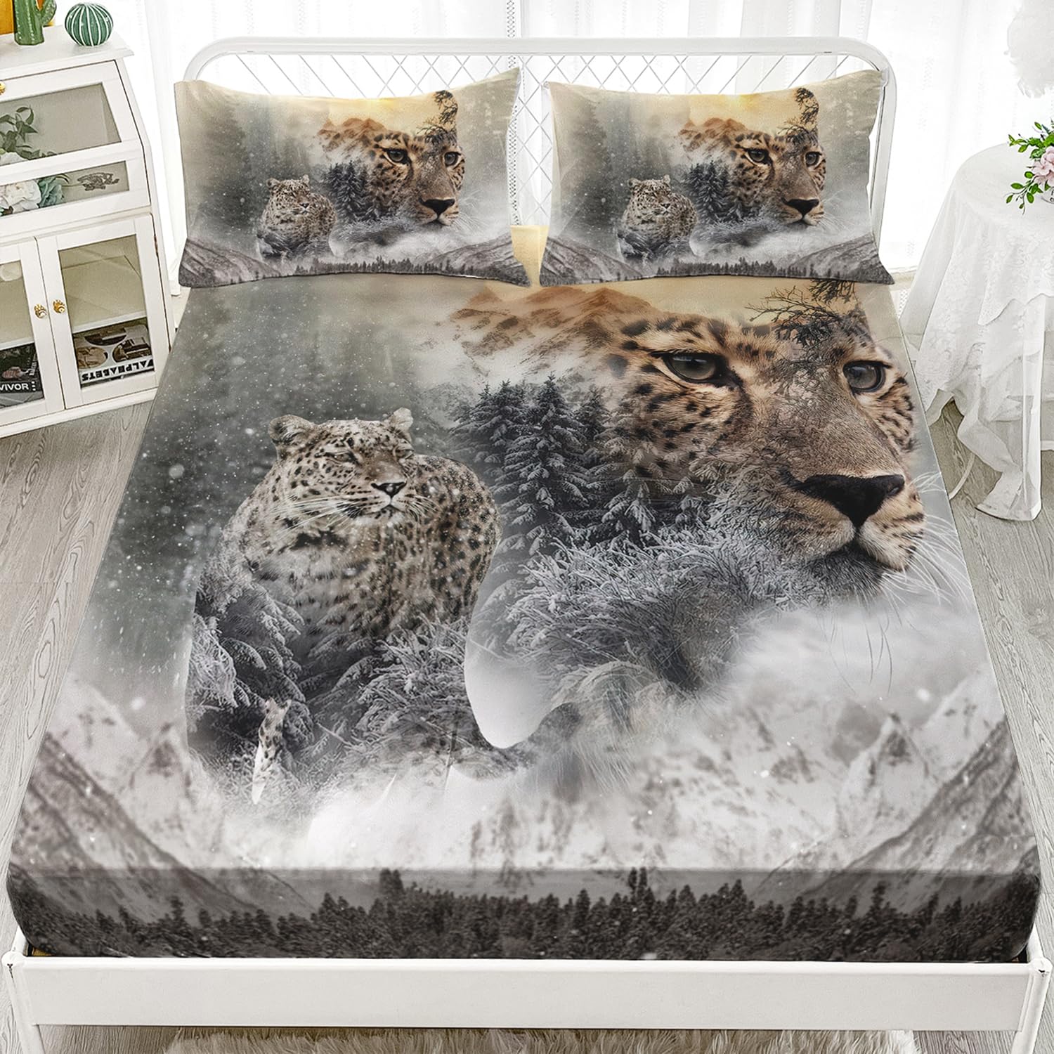 AILONEN Leopard Fitted Sheet Set Twin XL Size,Frozen Forest Animal Cheetah Bed Sheet Set Set,Snow Leopard Print Sheet Set for Boys Girls 3 Pieces, 1 Fitted Sheet and 2 Pillowcases