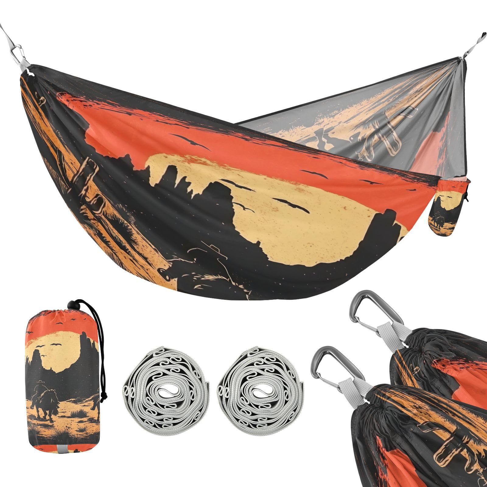 Haskirky Retro Desert Troop Cowboy Camping Hammock, Single Portable Hammocks with Tree Straps & Attached Carry Bag, 330Lbs Capacity Perfect for Outside Indoor Hiking Beach Backpack Travel