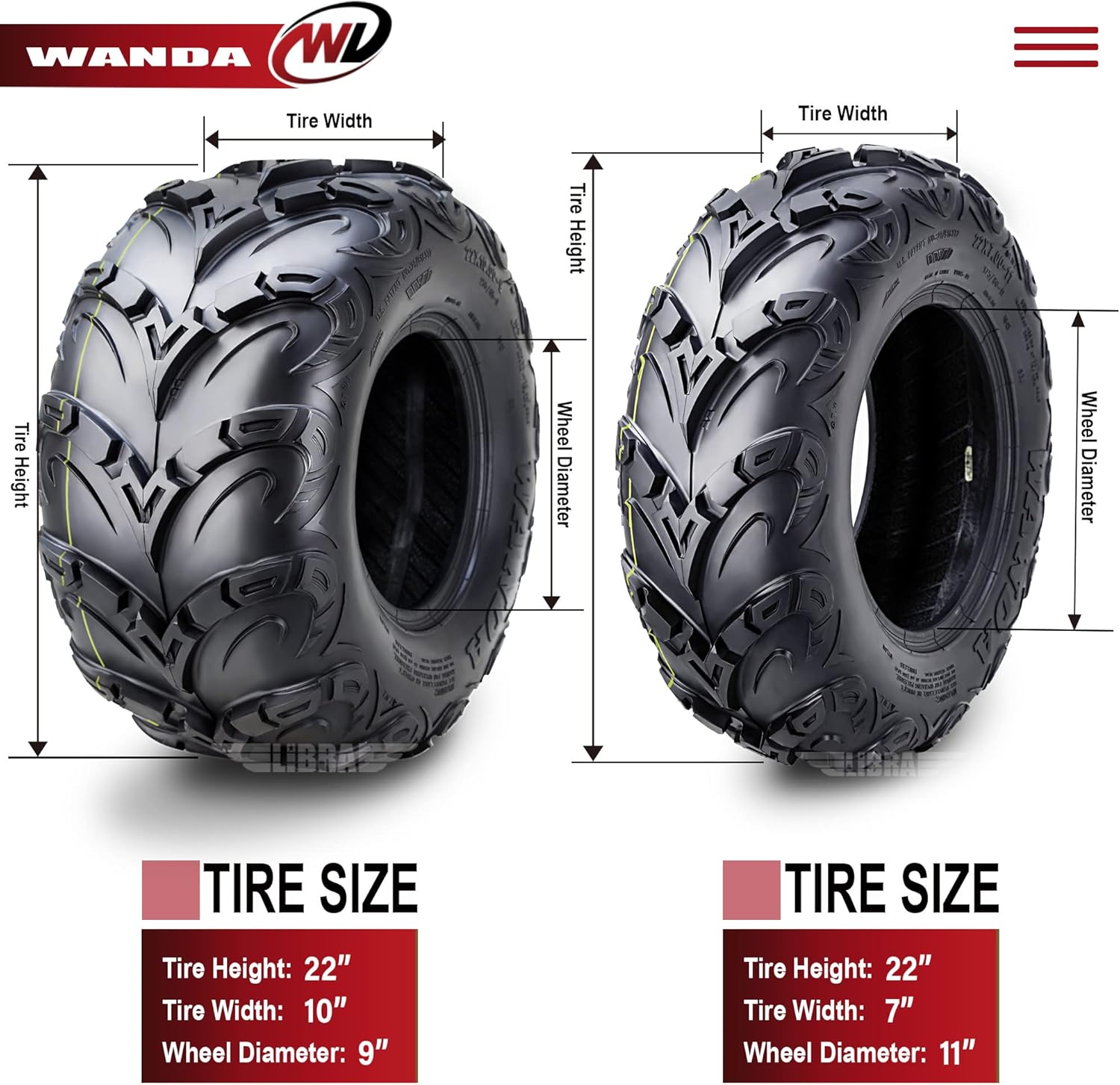 WANDA Premium 8 Ply ATV Tires 22x7-11 22x10-9 Mud Sling Compatible for Honda Recon 250 Suzuki Ozark 250