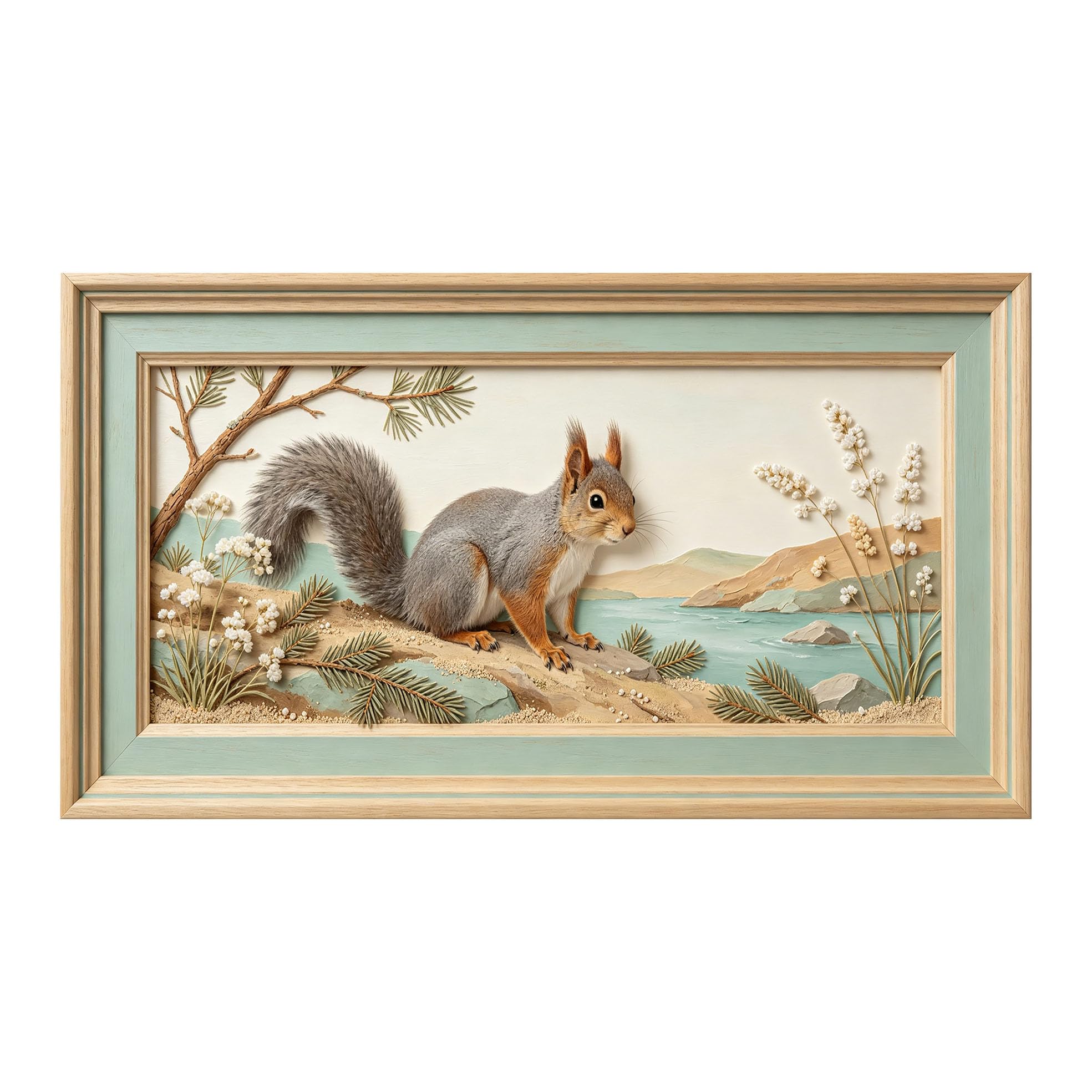 Murasolite 3D 3D Framed Wall Art 50cm×90cm Squirrel Coastal Landscape Relief Effect SelfAdhesive Fabric Mural Wall Decor, Peel and Stick No Damage to Wall for Bedroom Living Room