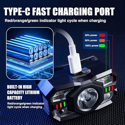 Miniatura 5 de Linterna frontal recargable, 1200 lúmenes súper brillante LED con sensor de movimiento, 10 modos, impermeable, ligera, linterna con luz roja, para