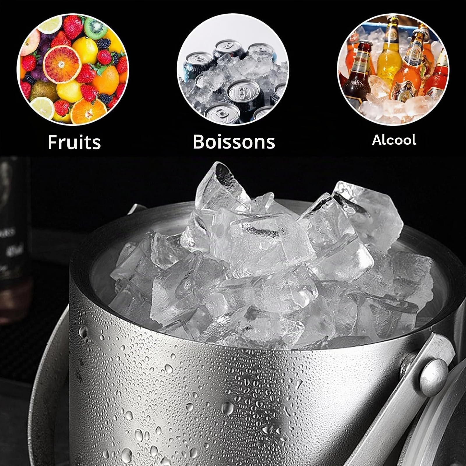 Bac à glaçons rond avec tamis et pince à glace, bac à glaçons de 2 l, seau à glace en acier inoxydable, seau à glace avec pelle, refroidisseur à glaçons pour bar, pour refroidir la bière, le champagne
