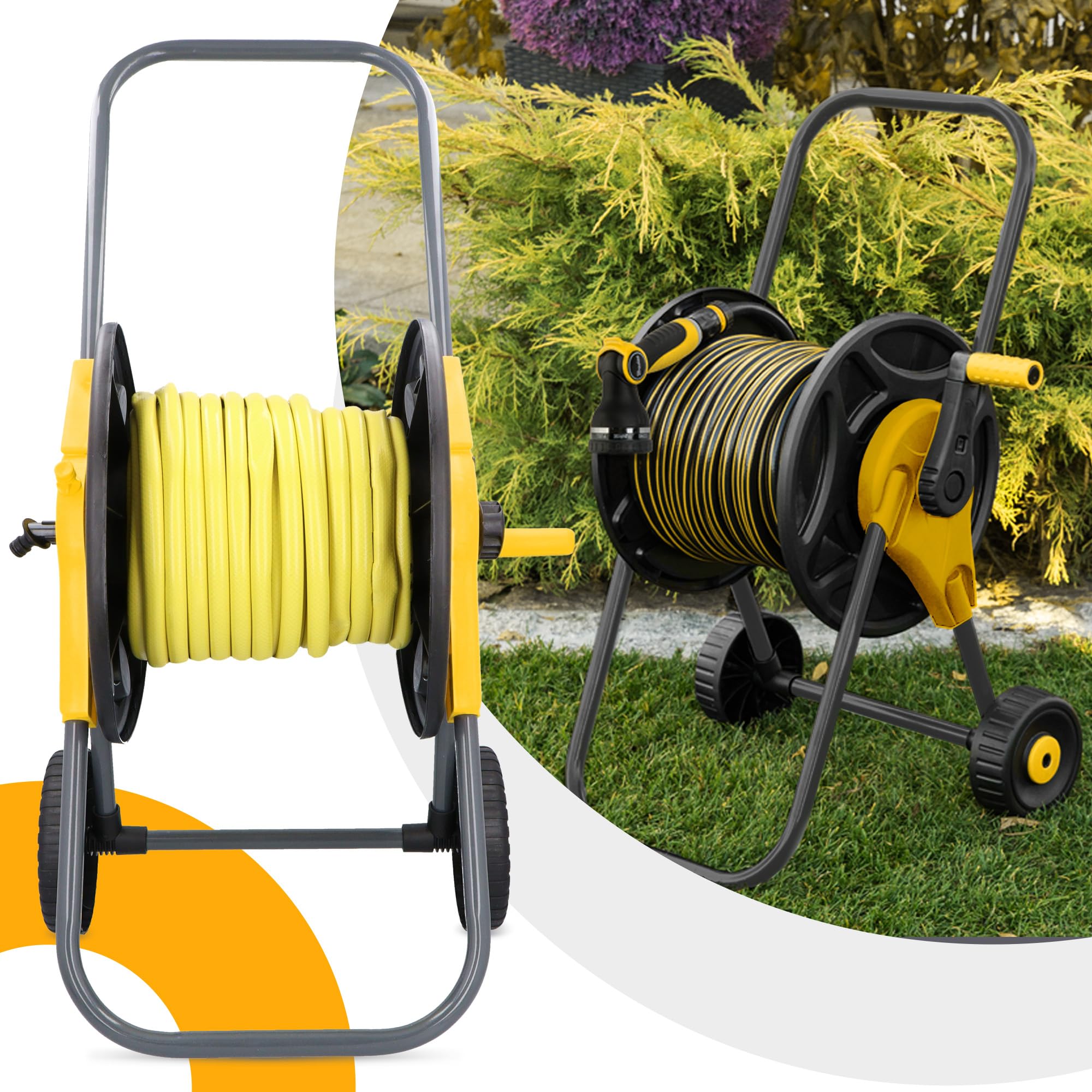 Carro para Manguera de Jardín de 65 m con Carrete Enrollable Soporte con Ruedas Asa Mango Portátil Trípode Enrollador Fuerte Antienredos Ligero y Duradero Ideal para Grandes Jardines