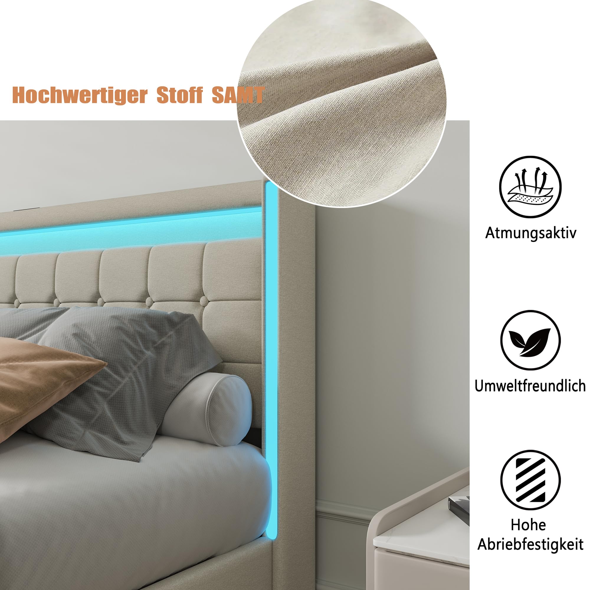 LIVLUX Lit 140x190 avec Sommier LED et USB,lit Double rembourré avec sommier à Lattes et 4 Tiroirs,lit 2 Personnes pour Adultes et Adolescents,Lin (Beige, 140 x 190 cm)