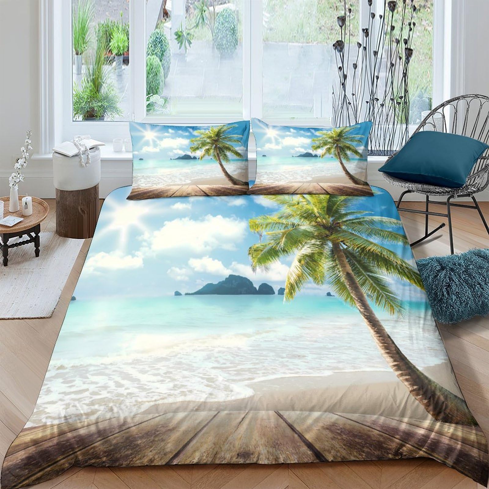 Ctjqhvkz Style-7 3D Printed Tropical Beach Fitted Sheet Microfiber Palm Tree Ocean Mattress Cover For Bedroom Dorm Guest Room Decor Single（135X200cm）