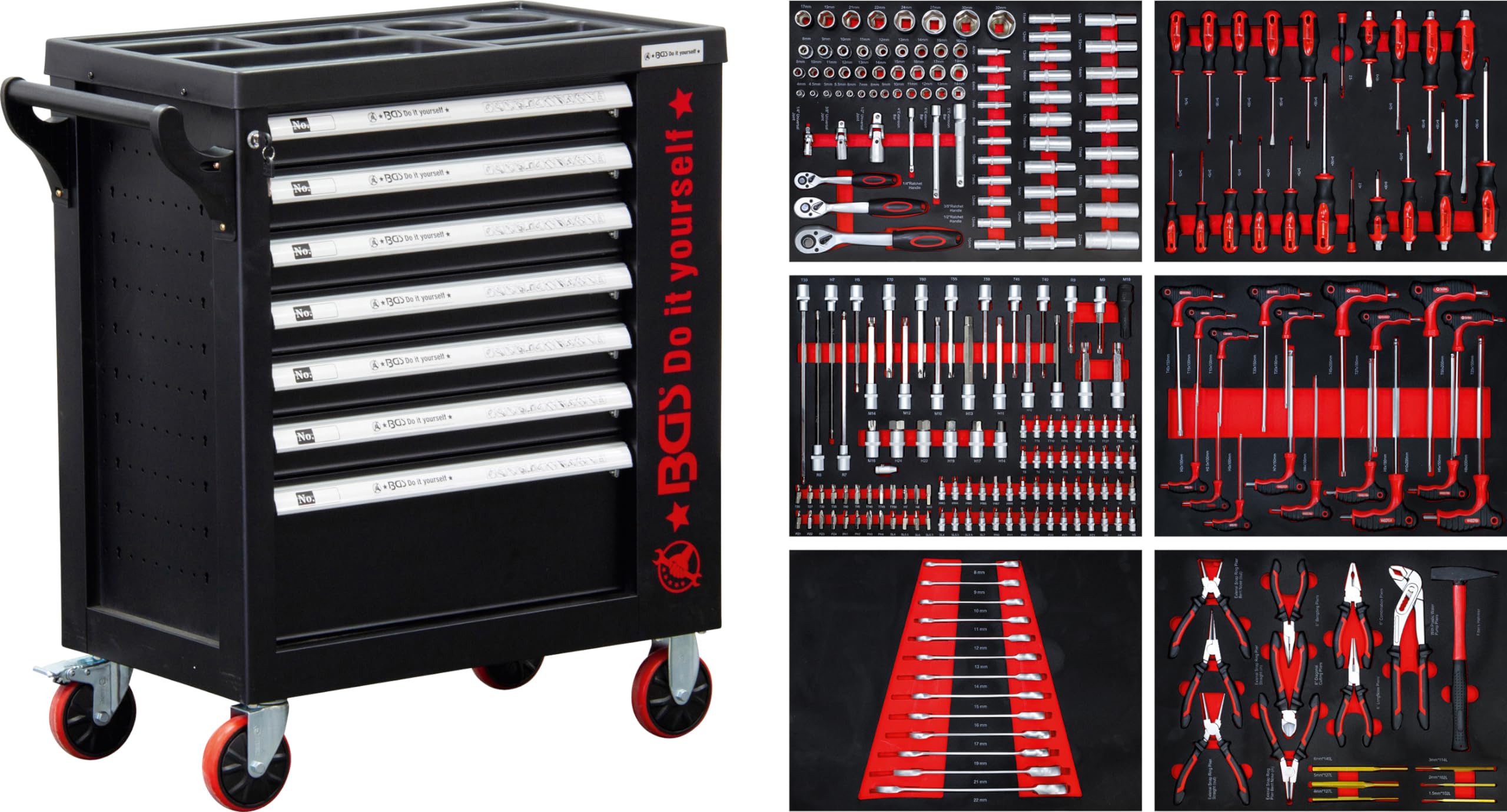 BGS Diy 6058 | Carro de herramientas | 7 cajones | 1 puerta lateral | con 250 herramientas