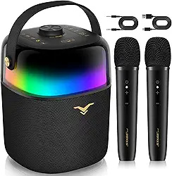 Caixa de Som Bluetooth Karaoke PartyFree, Partybox com Dois Microfones Sem Fio, Sistema de PA com Modo Discurso e Luzes LED Dinâmicas Embutidas, Suporta FM/AUX/USB/6,35mm, para Festa Presente