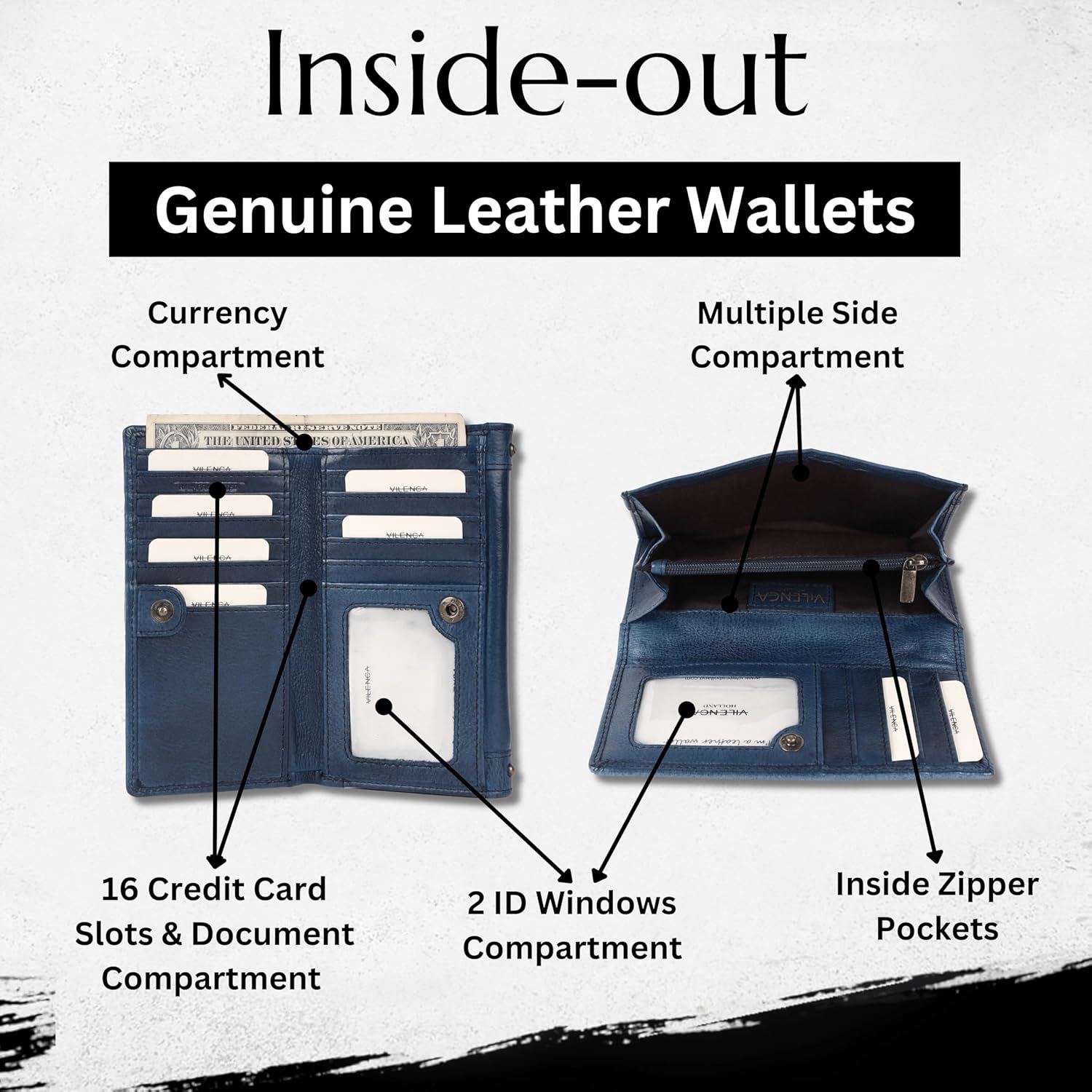 Vintage Italian Leather Boho Studded Trifold Wallet – Zipper Coin Purse & Credit Card Holder for Women (Navy)