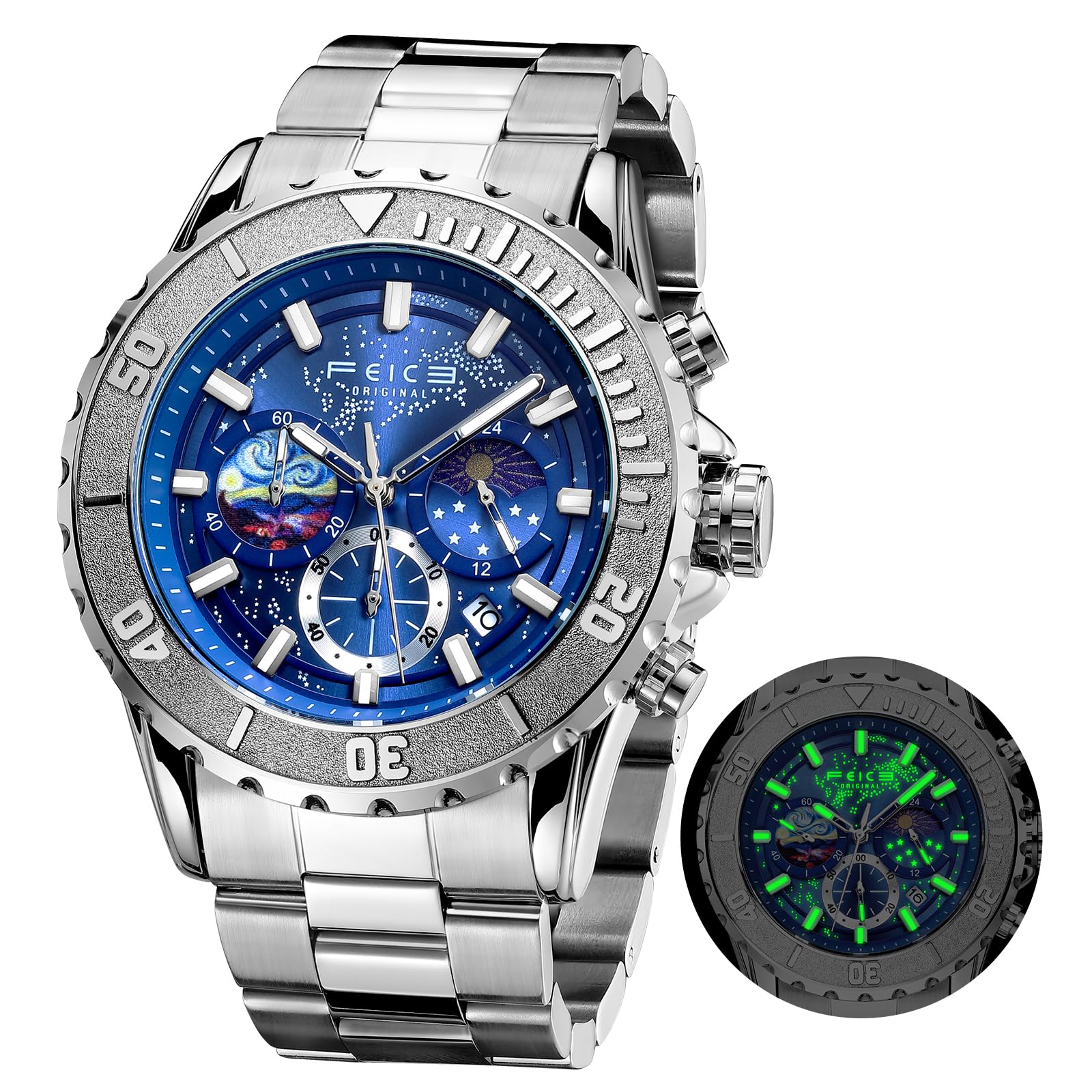 FEICE Mens Exquisite Timepiece Stunning Analog Watch Fashion Dress Wrist Analog Watch Moon Phase Day Date Luminous Waterproof, Japanese-FK131 Blue-image-3