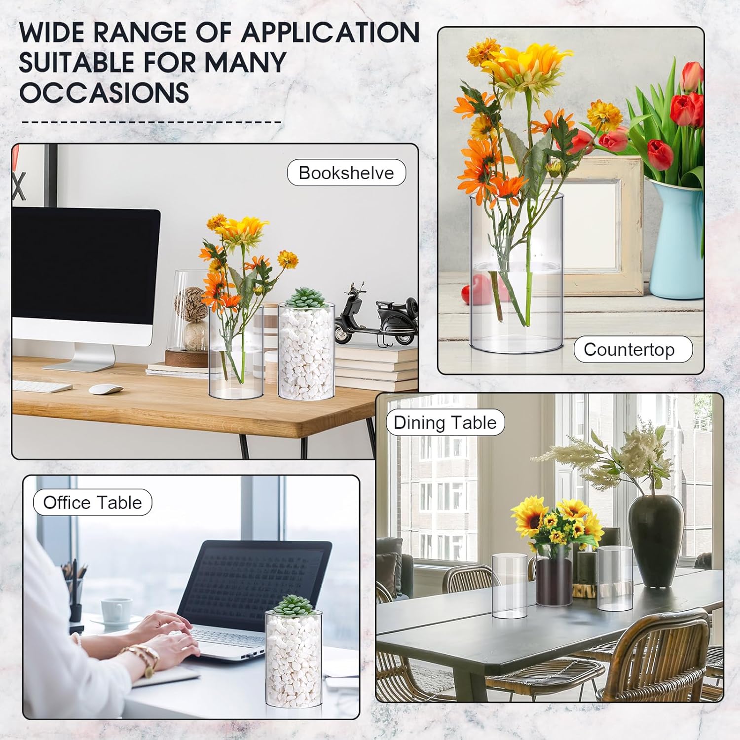 Vesici 12 Pcs Plastic Cylinder Vase 6 Inch Acrylic Cylinder Clear Flower Vase Bulk Hurricane Candle Holder Round Wide Container Centerpiece for Home Office Wedding Decorations