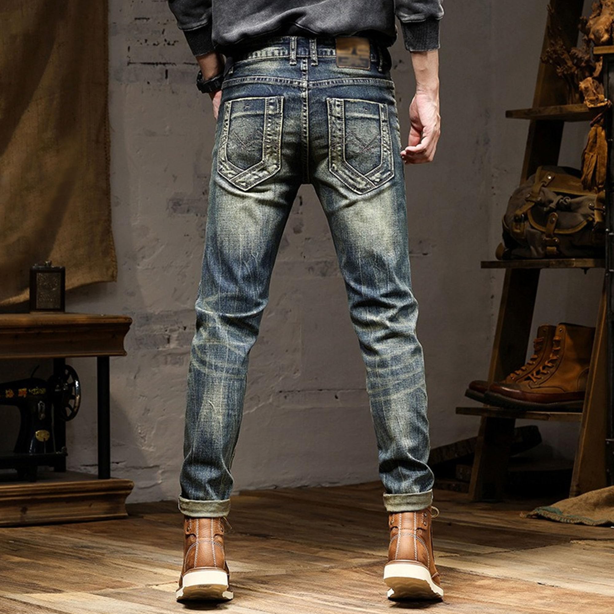 Qolkmuiy-GJ Men's Non-Stretch Tapered Jeans Casual Slim Straight-Leg Denim Trousers Fashion Comfort Flex Waist Pants (Blue,34)