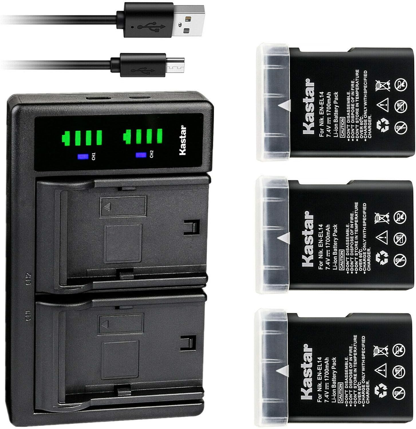 Kastar 3-Pack EN-EL14 Battery and LTD2 USB Charger Replacement for Nikon DF BG-2P 905-19045-00000-01, D3100/D3200/D3300, BG-2F 905-19021-00000-01, D3400, BG-2TIR 905-19035-00000-01 Battery Grip