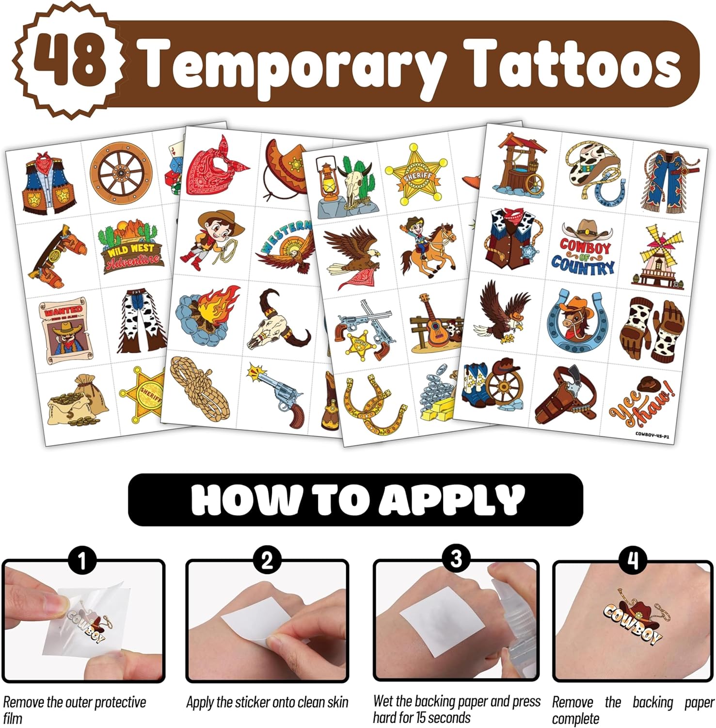 72 PCS Cowboy Party Favors for Kids – 48 Pre-Cut Temporary Tattoos & 24 Cowboy Punch Balloons Themed Birthday Party Decorations Supplies Favors Gifts, Goodie Bag Fillers, Classroom Rewards - Image 6