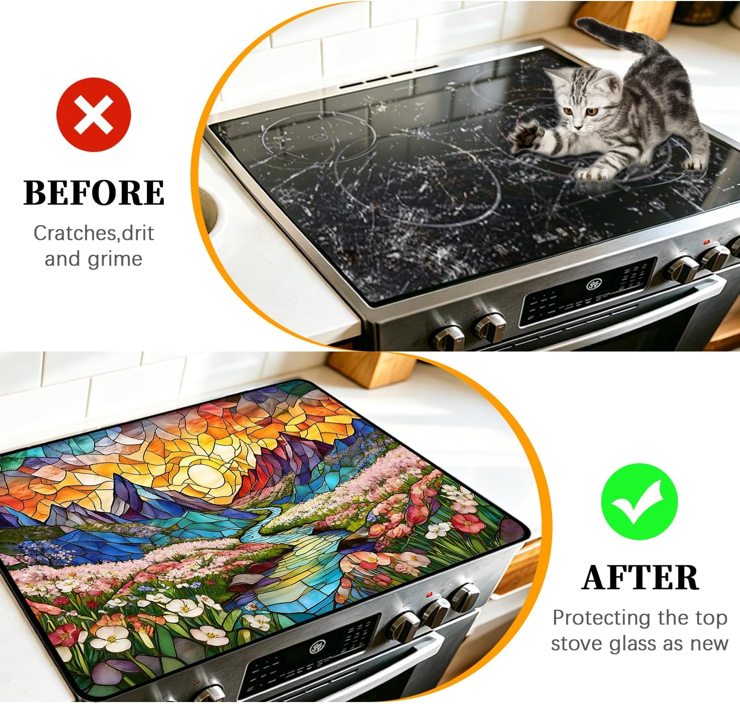 Stove Covers for Electric Stove Top, Stained Glass Electric Top Stove Cover Protector, Non-Slip Stove Covers for Kitchen Decor 28''x20''