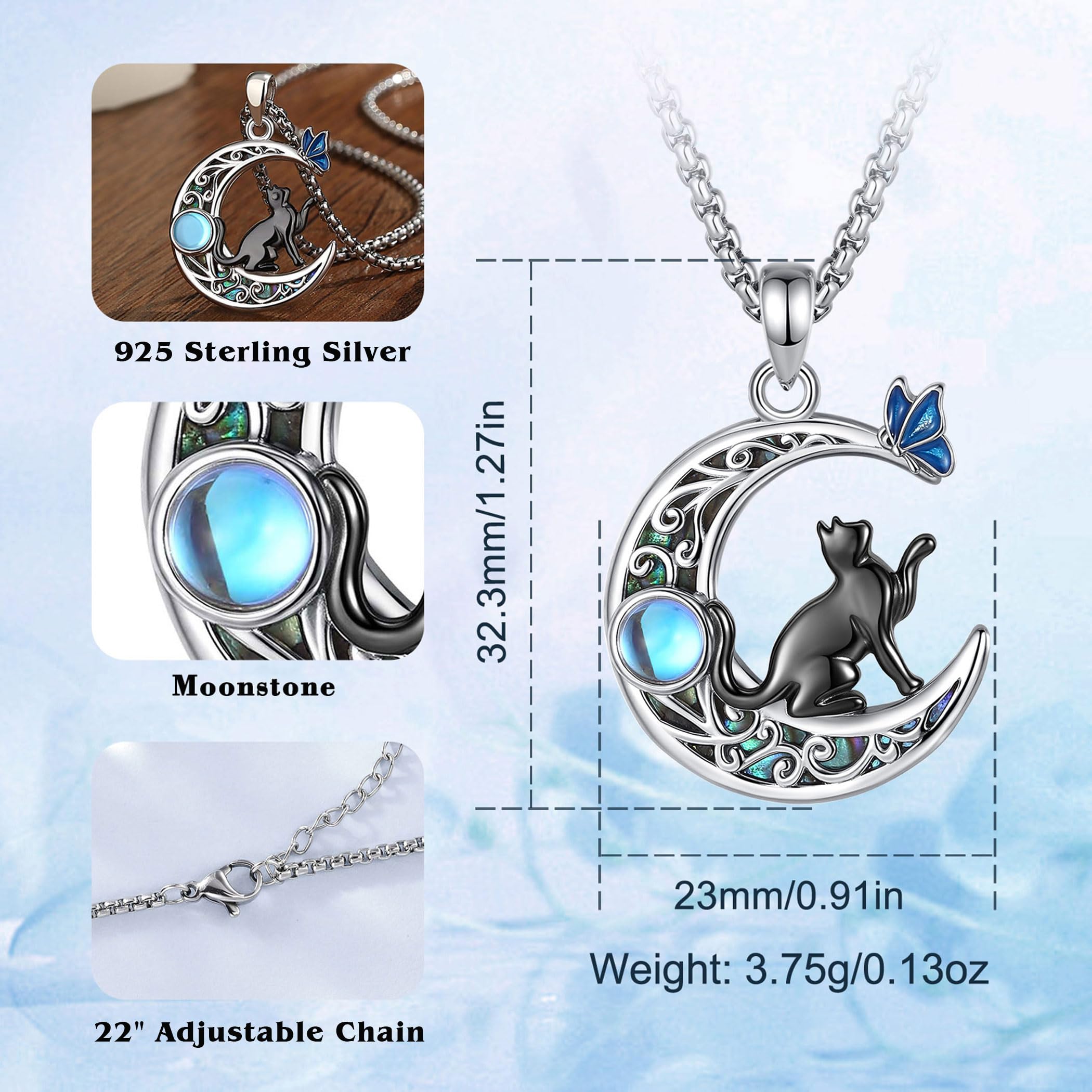 AEONSLOVE Collar Gato y Luna para Mujer Niña Colgante Piedra de Luna Plata de Ley 925, Collares Sol y Luna Joyas de Gato Negro Bruja Regalo para los Amantes de los Gatos