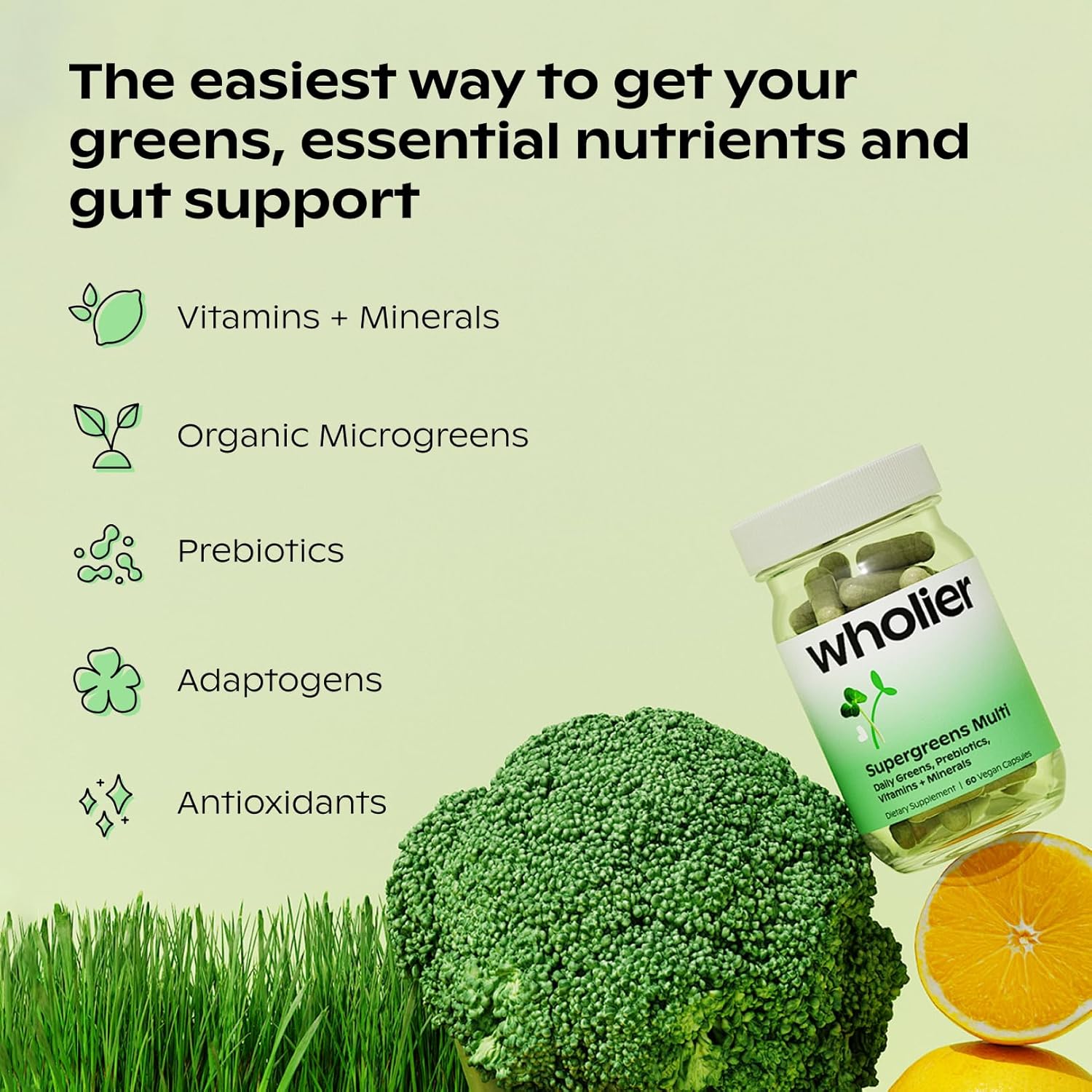 wholier Supergreens Multi, Daily Greens, Vegan Multivitamin for Women + Men, Whole Food Vitamins + Minerals, Prebiotics for Gut Health, Adaptogens (60 Vegan Capsules) Glass Bottle