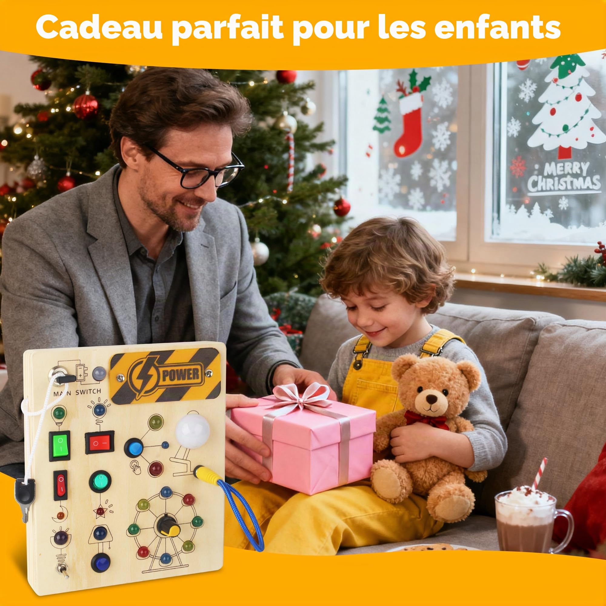 Busy Board Montessori 1 2 3 Ans, Tableau d’Activités en Bois avec 10 Interrupteurs et 19 LED, Jouet Sensoriel Motricité Bébé, Planche Montessori, Cadeau Enfant Garçon Fille