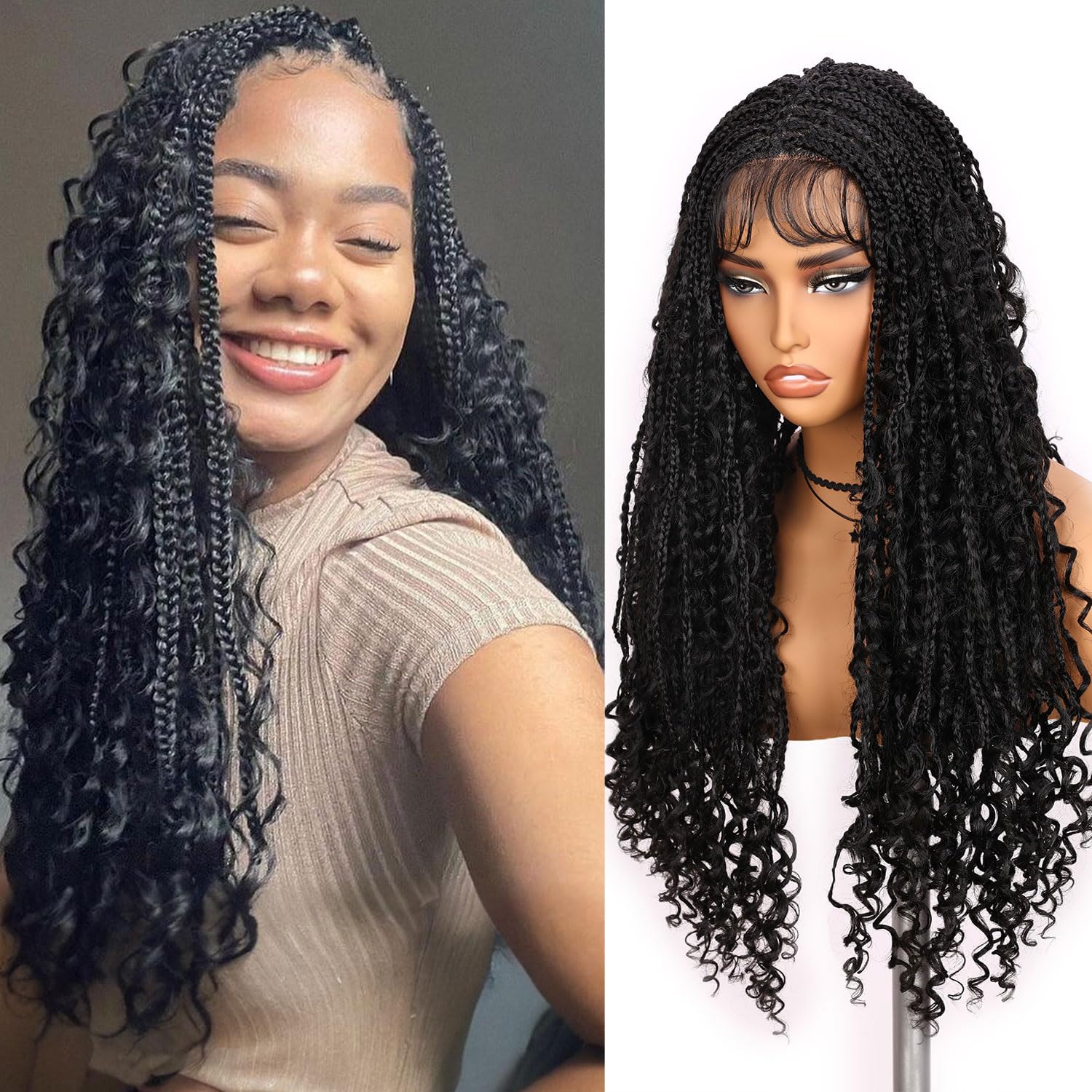 Fancy Hair Boho Braided Wigs for Black Women Double Full Lace Box Braided  Wig Synthetic Bohemian Lace Front Braid Wig With Curly Ends 26 Inch
