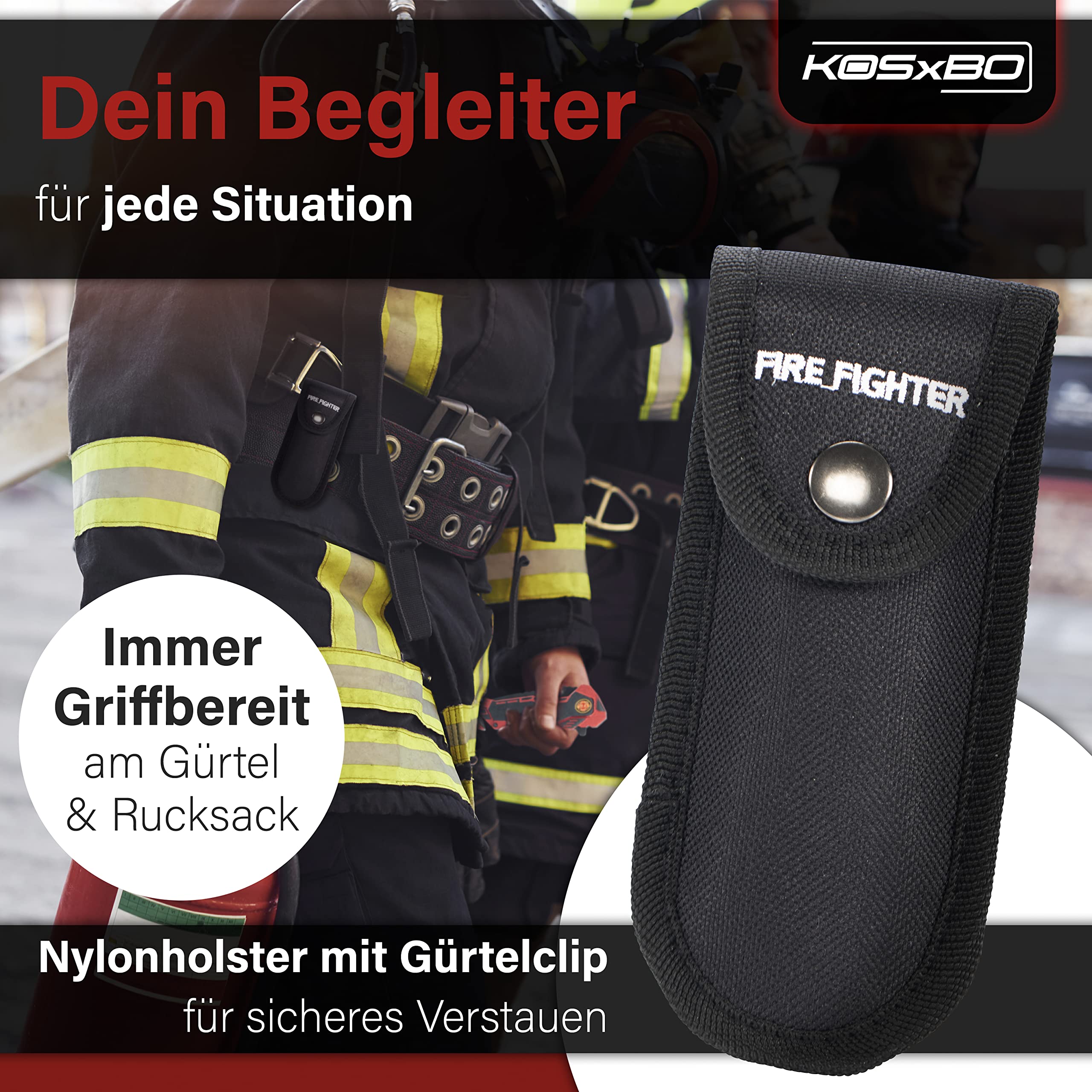 KOSxBO Firefighter Rescue Knife EMS Rettungsmesser mit Glasbrecher und Gurtschneider inkl. Messertasche und Dog Tag, Feuerwehr Messer Outdoor Taschenmesser Klappmesser