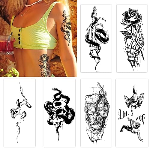 6 hojas de tatuajes temporales, tatuaje semipermanente, dura 1-2 semanas, líneas, calaveras, 3 x 7 pulgadas