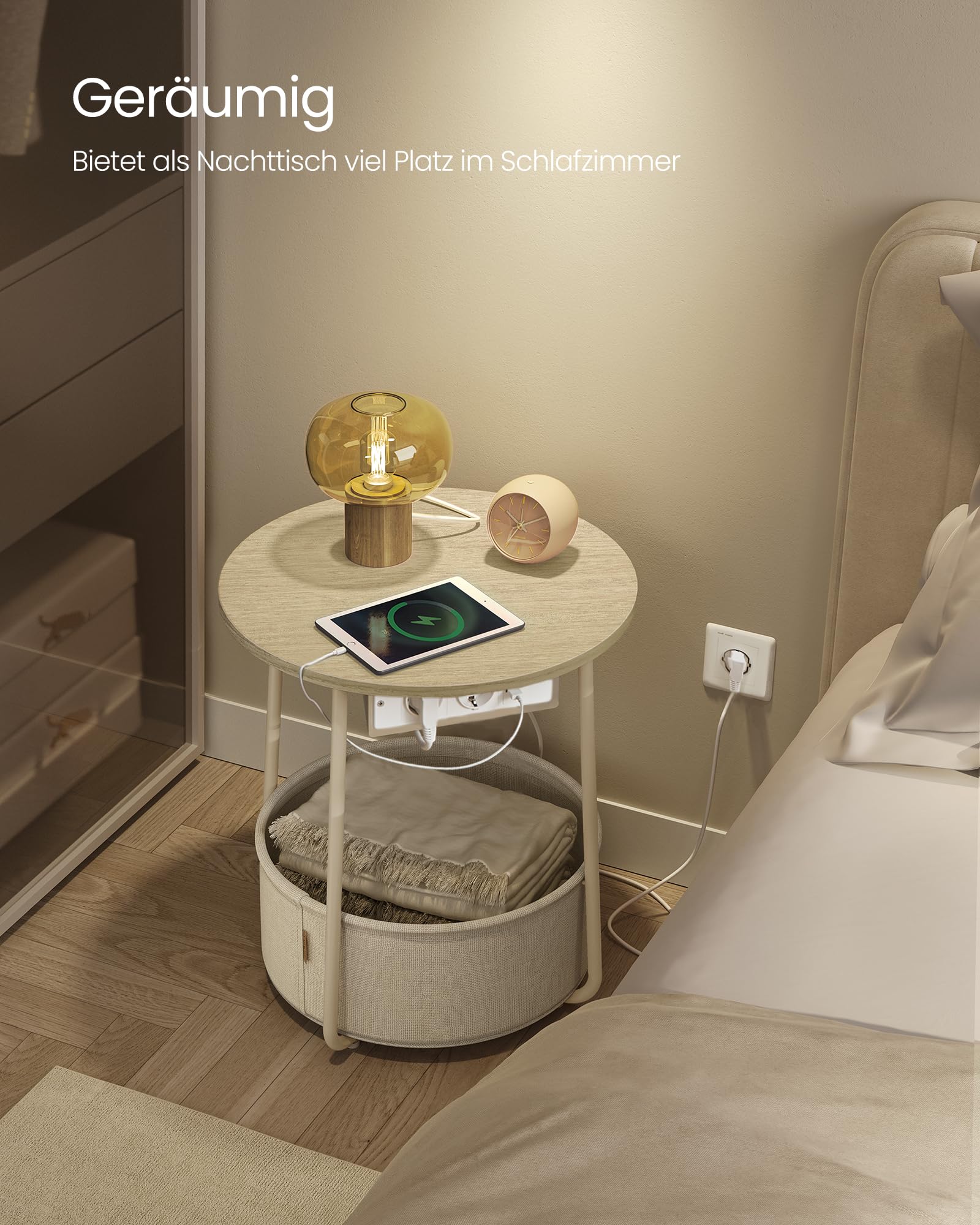 VASAGLE LILEA Beistelltisch rund mit Steckdose, Stauraum, naturbeige-cremeweiß LET228LL01