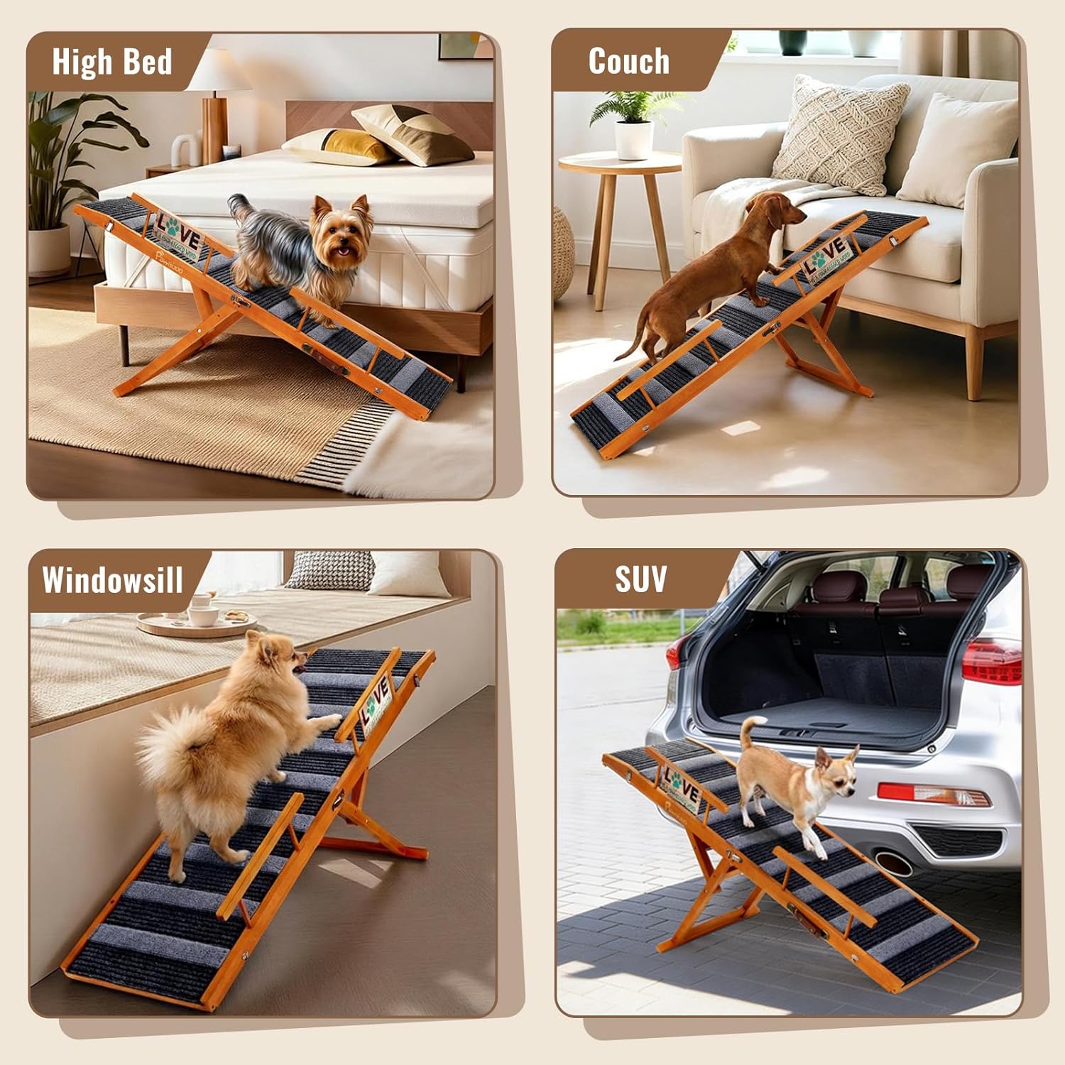 Pawaboo Dog Ramp for Small Dog, 57'' Foldable Dog Ramp for Bed, 5 Adjustable Height from 19.7'' to 30'', Portable Stable Pet Steps with Dogs Tag & Safety Side Rails, Pet Ramps for Bed Couch, Walnut