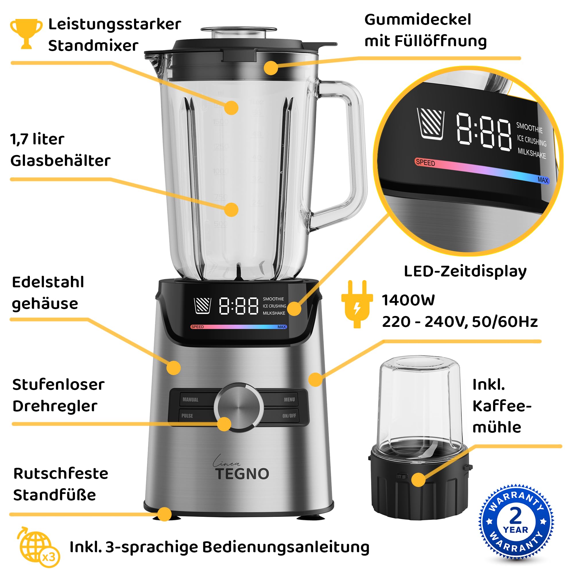 Power Blender - Linea Tegno – Profi Standmixer & Smoothie Maker – 1400W Hochleistungsmixer mit 1,7L Glasbehälter, LED-Display & 250ml Kaffeemühle – Edelstahl