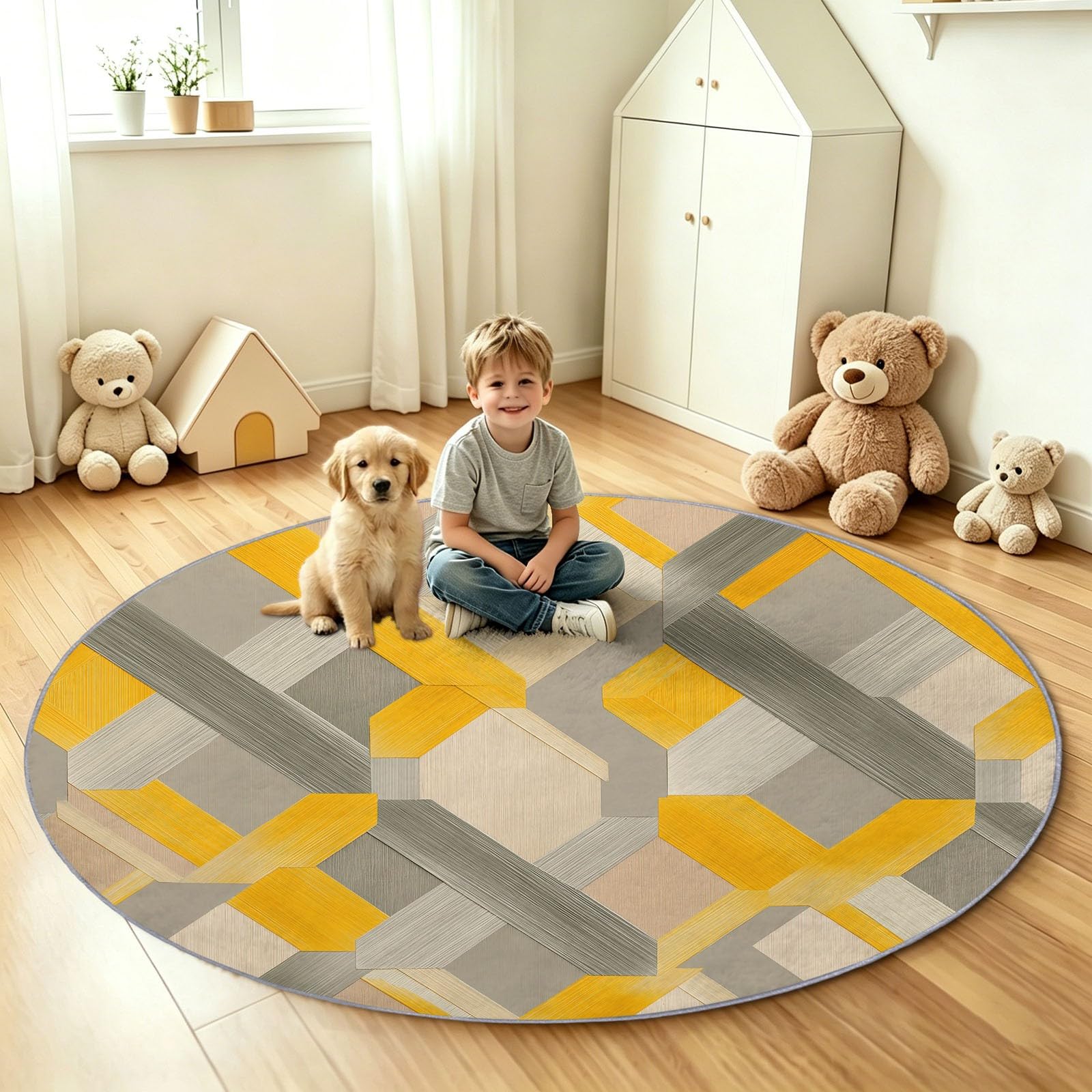 Tapis Chambre Enfant Fille Garçon Rond Ø 160 cm Luxe Léger Moderne Tapis de Sol Décoration Antidérapant - Doux Rampant pour Salon Cuisine Table Basse Table de chevet, Géométrie Tissage Croisé