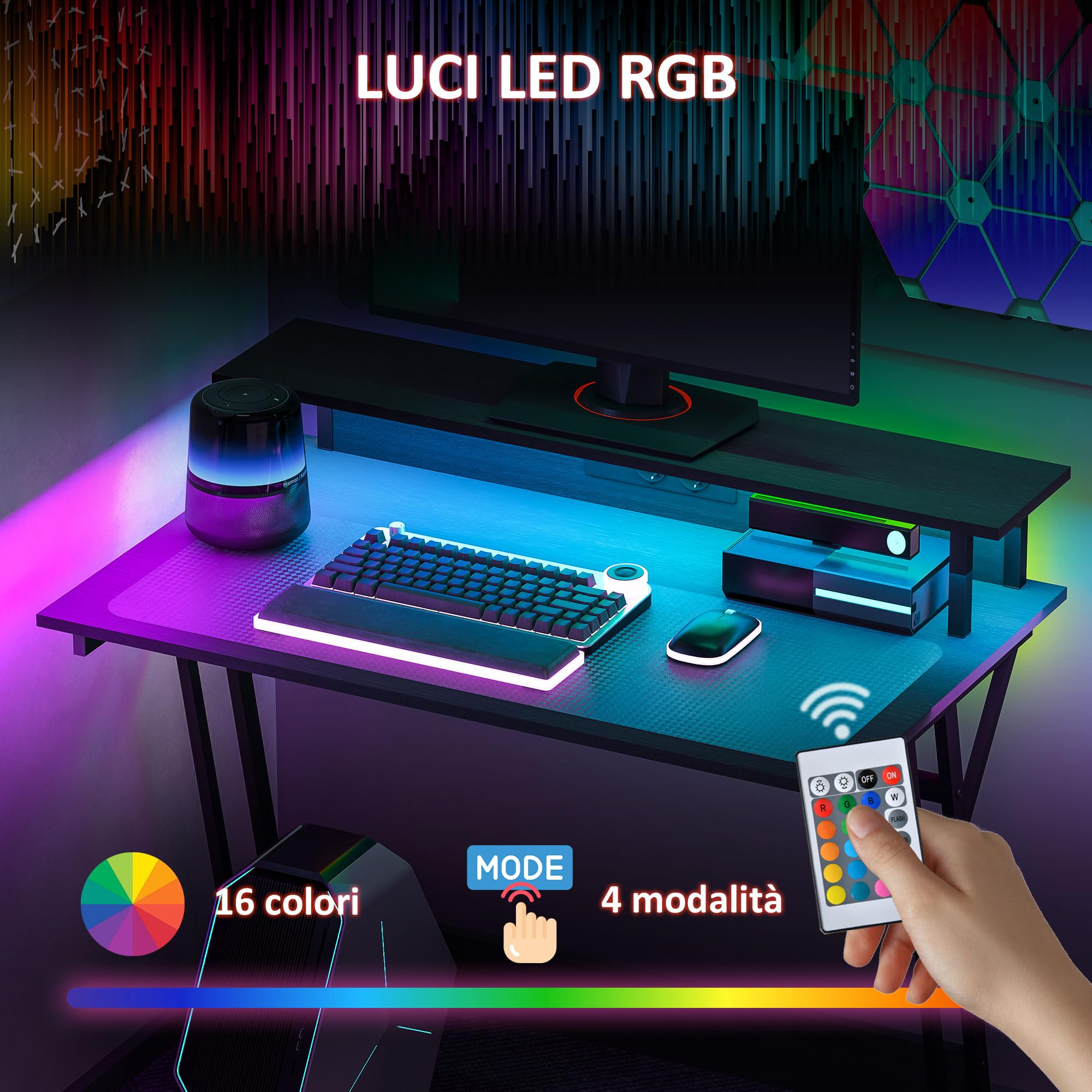 HOMCOM Scrivania Gaming con Luci LED e Supporto per Monitor, 100x60 cm Tavolo Gaming per Computer da 32 Pollici, Scrivania PC con USB, TYPE C e Telecomando per Ufficio, Studio e Casa, Nero