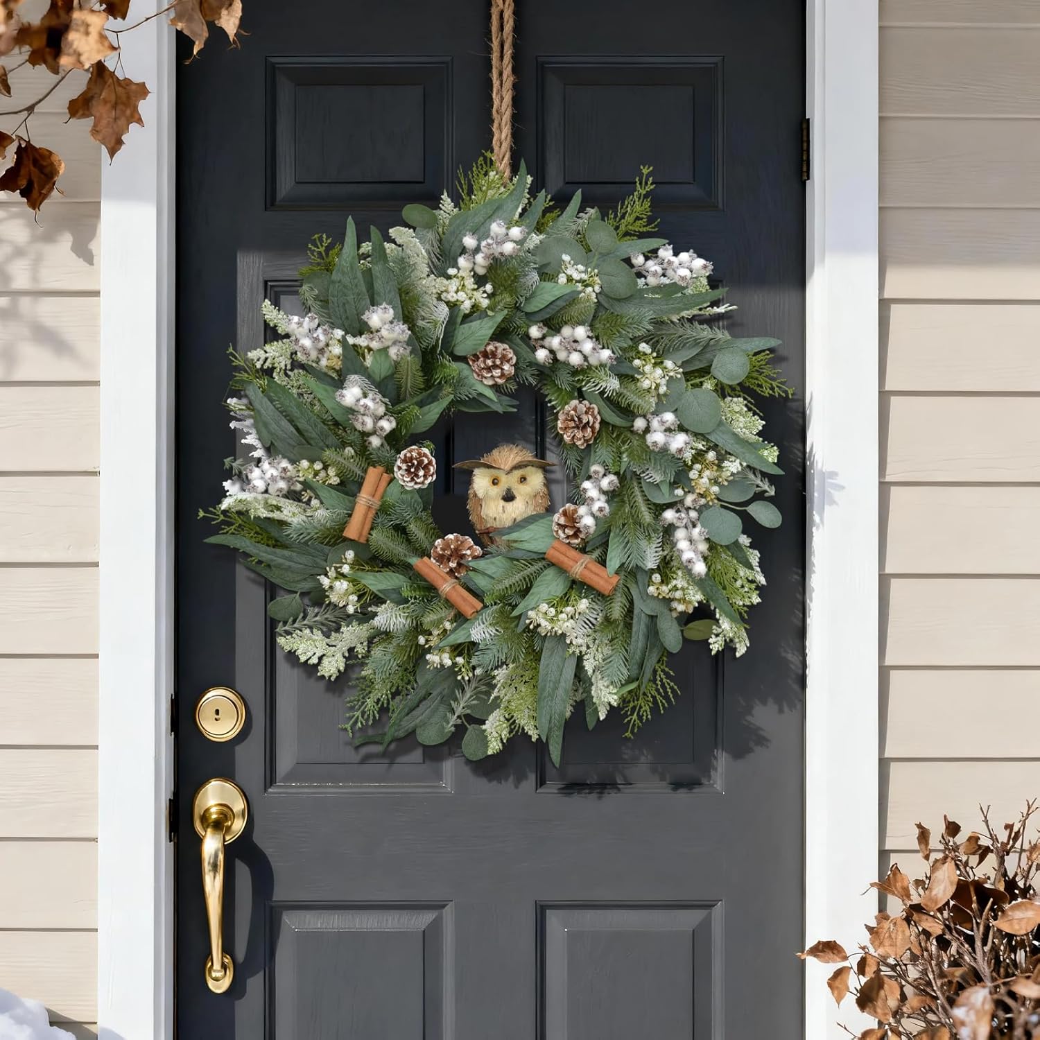24 Inch Winter Wreaths for Front Door, Large Size Winter Wreath with Owl, Cinnamon Sticks, Pinecones and White Berries for Christmas Indoor Outdoor Decor, Snowy Theme Home Decoration