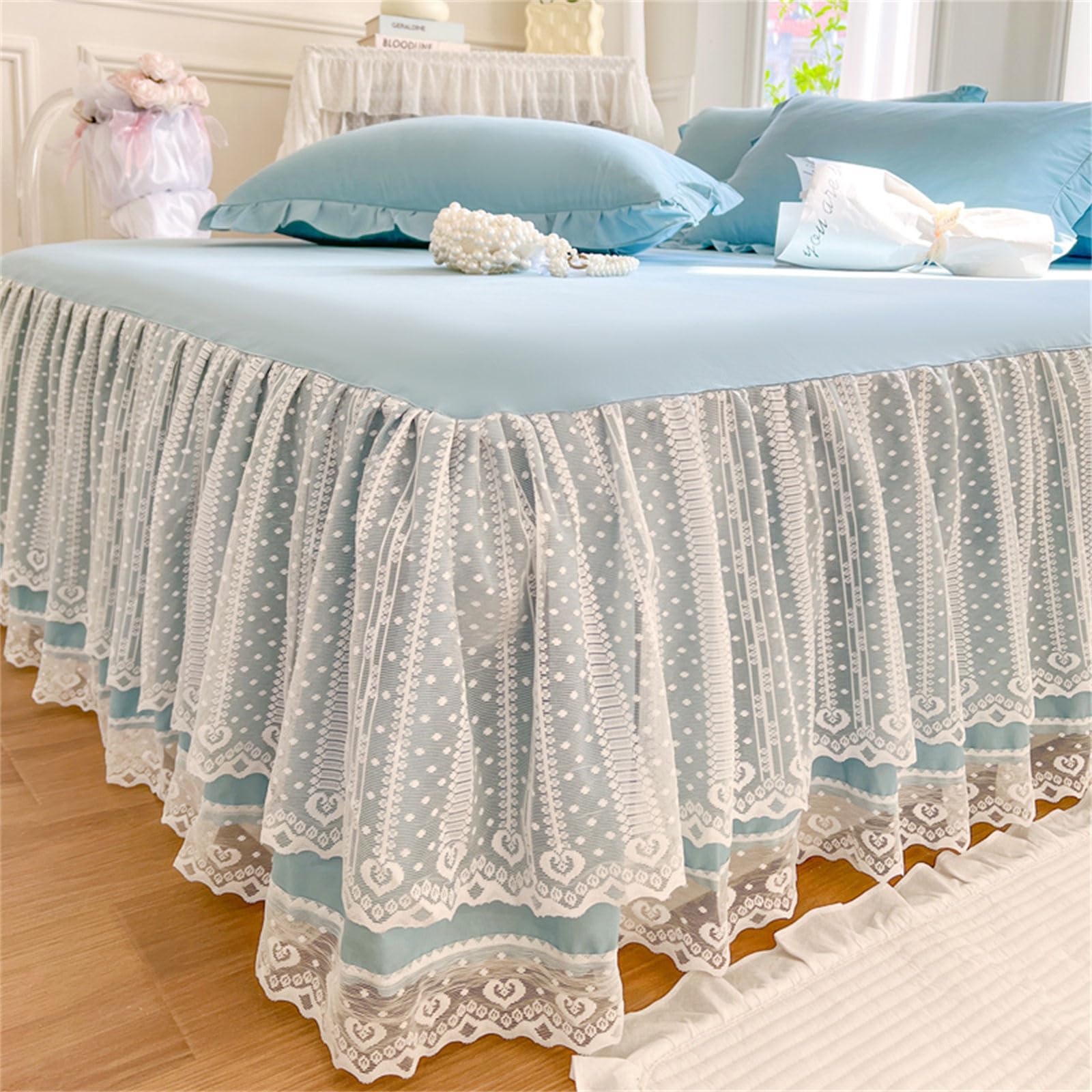 Odot Solid Color Valance Fitted Sheet, White Lace Edge Design Fitted Valance Sheets Frilled Bed Base Valance Sheet Bed Sheet with Skirt, Lightweight Easy Care Washable (Pale Blue,200x220cm)