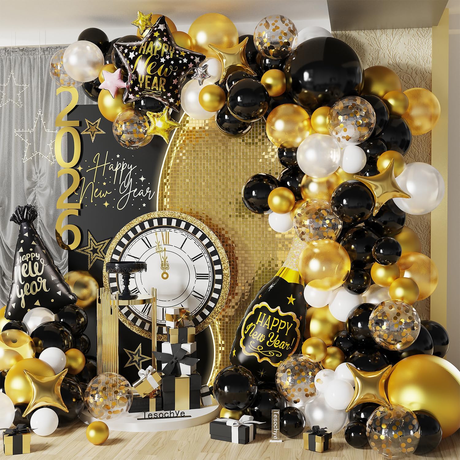Black and Gold Balloons Garland Arch Kit,142 Pcs Black White Metallic Gold Confetti Balloons with Bottle Hat Star Foil Balloon for 2026 Happy New Year Party Decorations New Years Eve Party Supplies