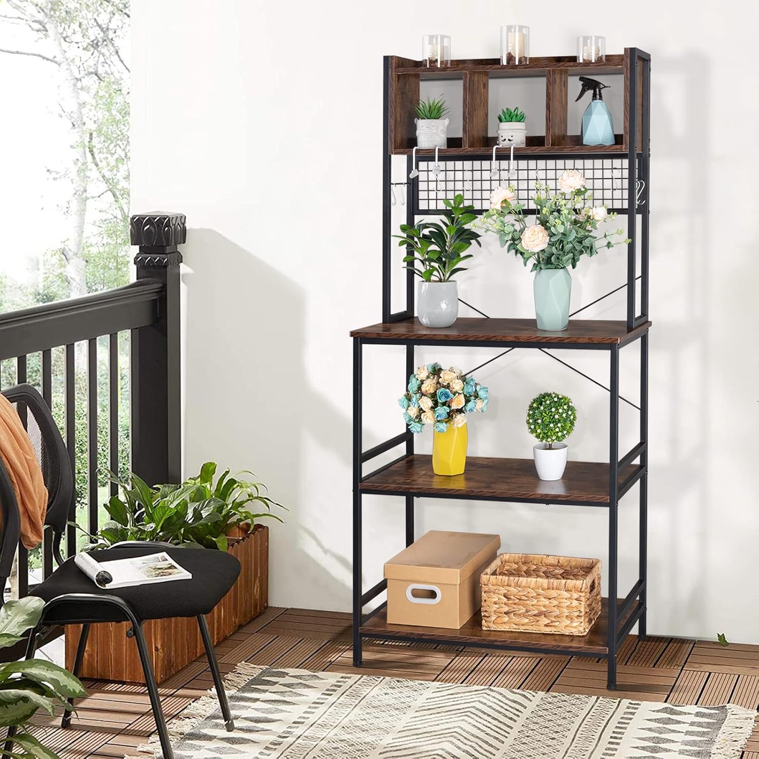 Bakers Rack for Kitchen with Storage Kitchen Bakers Rack, Workstation Organizer Shelf, Free Standing Kitchen Utility Cart Storage Shelf Organizer Utility Microwave Standing Baker's Racks Rustic Brown