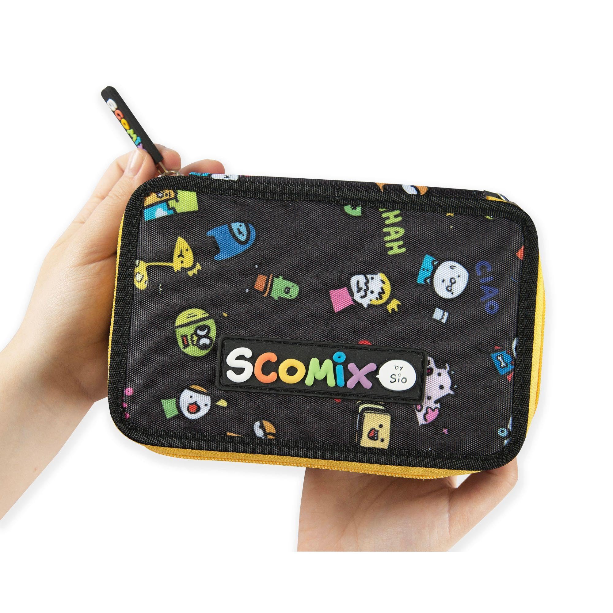 COMIX Scomix by Sio - Astuccio Scuola, Astuccio 3 Scomparti per Bambini e Bambine, con Set Cancelleria Completo, 5 Etichette Portanome e Pratiche Chiusure a Zip, 20x13Hx7 cm