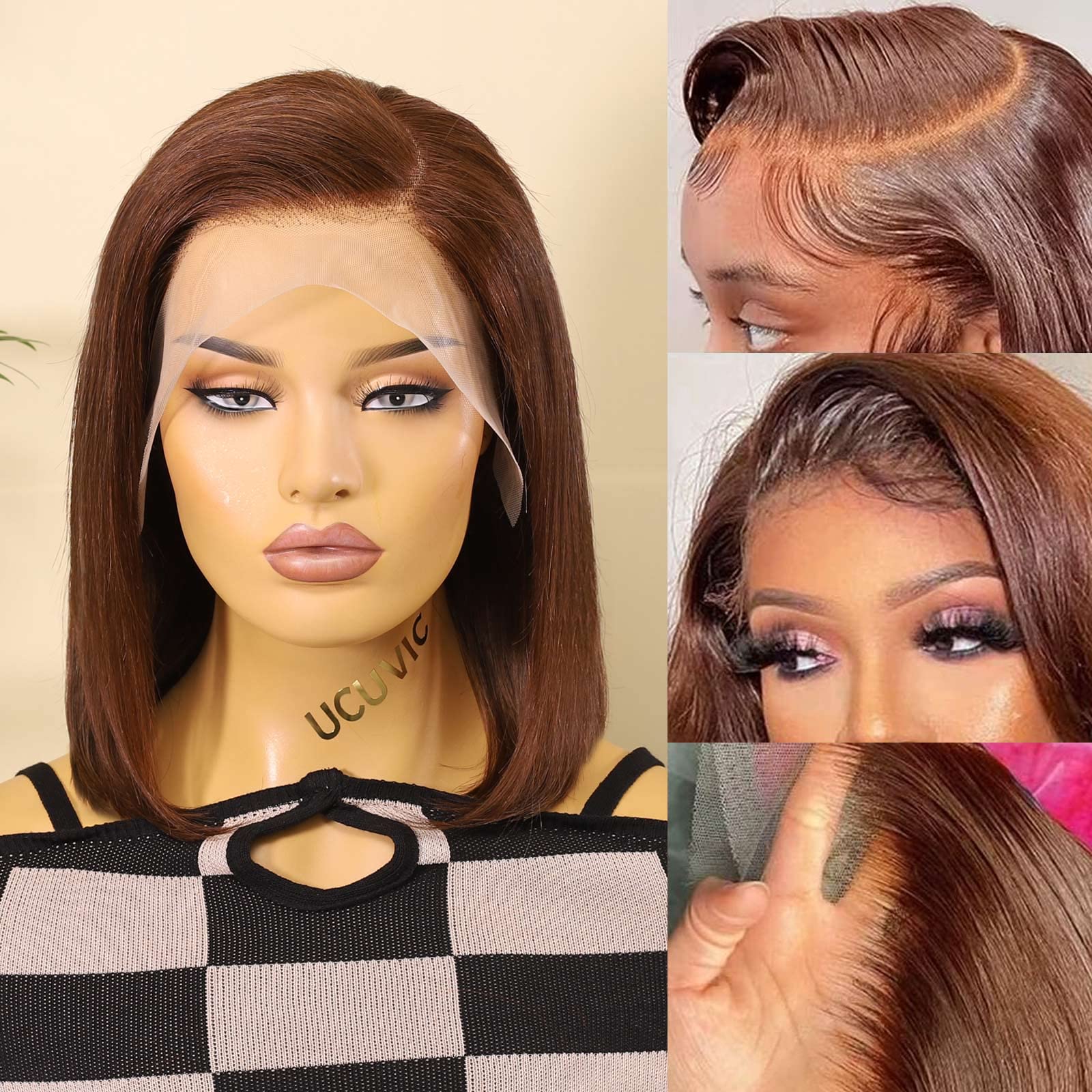 UCUVIC Color #4 Bob Wig Chocolate Brown HD Lace Front Wig Human Hair Glueless 13x4 Frontal Wigs Human Hair Lace Front Wigs Pre Plucked,Dark Brown Bob Wig 180% Density 12 Inch
