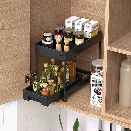 Miniatura 5 de SPACEKEEPER Organizador para debajo del fregadero organizador deslizante de 2 niveles para debajo del baño estante de almacenamiento con ganchos