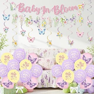 Baby in Bloom Baby Shower Decorations, 45Pcs Flower Butterfly Banner Swirls & Balloons, Wildflower Spring Birthday Decor for Baby Shower Party Supplies