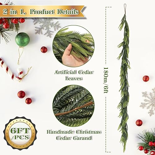 Miniatura 3 de 2 guirnaldas artificiales de pino Norfolk de 6 pies, guirnalda de Navidad de tacto real con 30 ramas, guirnalda de invierno para manto, mesa, pared,