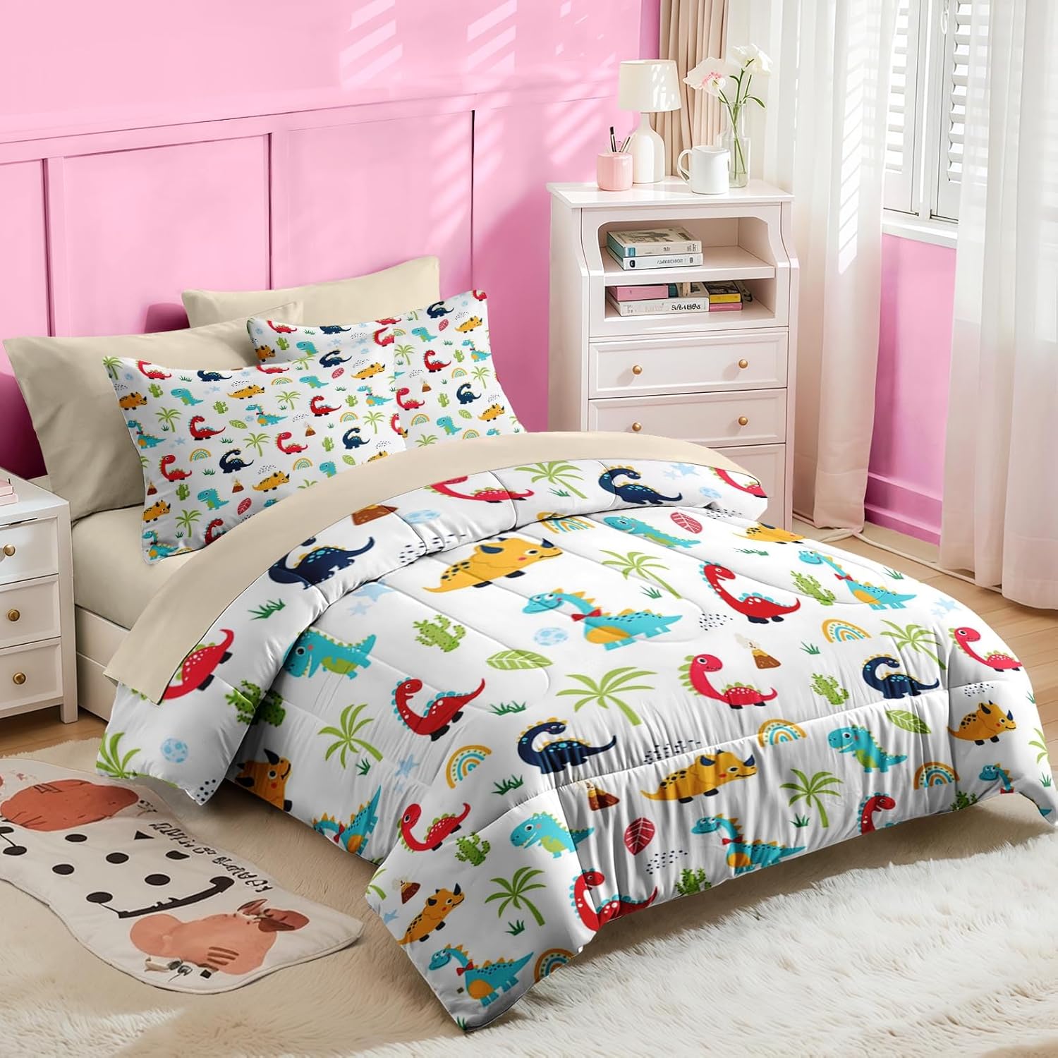 Nesker 7 Pcs Comforter Set Full Size, Cute Cartoon Dinosaur Bedding for Kids Teen, Colorful Dino with Fitted Sheet 2 Pillowcases & 2 Shams for Bedroom Bed Decor - Image 4