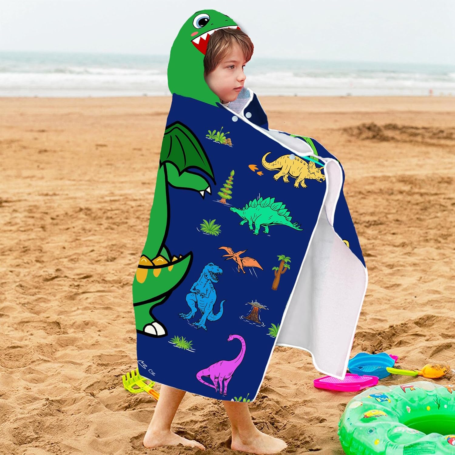Dinosaur Hooded Beach Towel for Boys, Soft & Absorbent T-Rex Dinosaur Poncho Towel, 30”x50” Green Blue Bathrobe for Kids Cool Cartoon, Quick Dry Swim, Pool, and Bath Time - Image 6