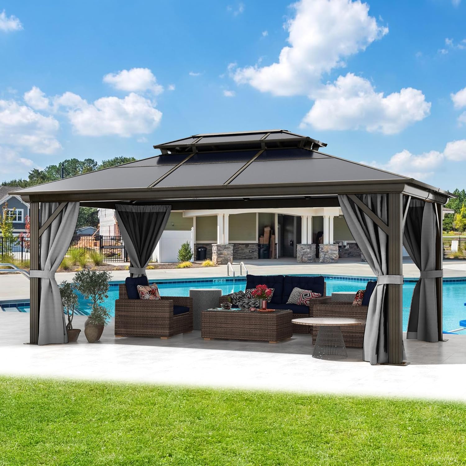 DWVO 12x16FT Gazebo Double Roof Canopy Outdoor Hardtop with Netting and Shaded Curtains, Aluminum Frame Polycarbonate Hardtop Garden Tent for Patio, Backyard, Deck and Lawns, Gray