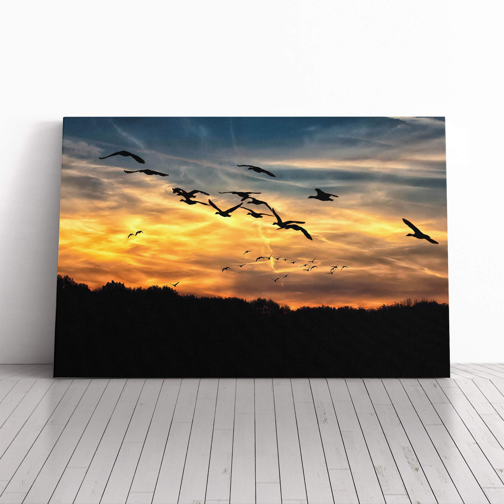 Geese Sunset Canvas Print | Gallery Wrapped 30mm Frame Wall Art | 20x14 inches | Ready to Hang | Modern Landscape Picture | Living Room Bedroom Lounge Office