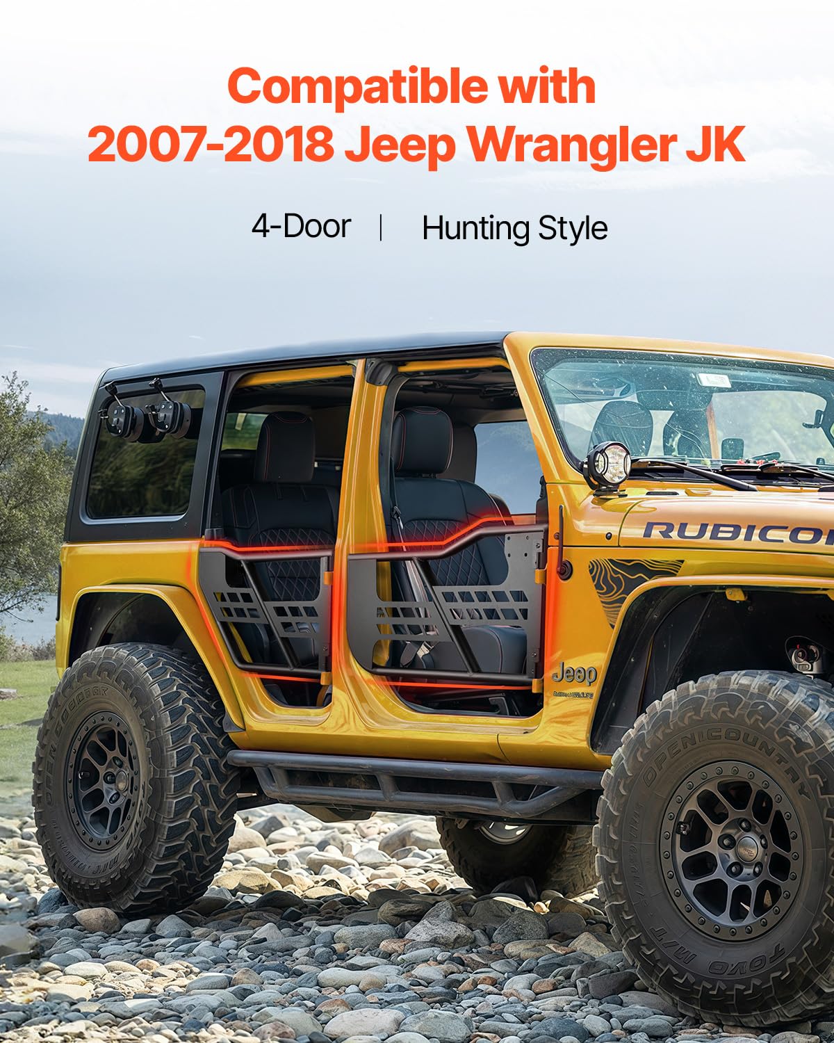 VEVOR Tube porte pour Jeep, 4 portes, porte tubulaire pour Jeep de style chasse avec rétroviseurs certifiés DOT, avec coussinets en caoutchouc et tube en acier trempé, pour Jeep Wrangler JK 2007-2018