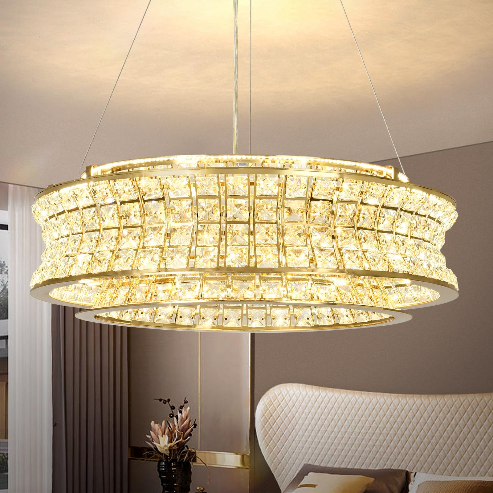 Lámpara de araña moderna de cristal dorado, lámparas colgantes redondas LED, lámparas de araña doradas ajustables para vestíbulos, salones y comedores, 50 cm