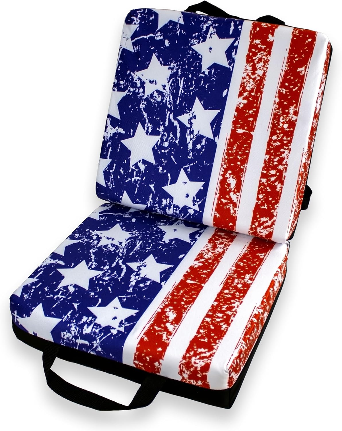 USA Flag Pattern Bingo Seat Cushion – Extra Thick 3” Bingo Pillow with Strap, Storage Pouch & Handles – Comfortable Folding Chair Cushion for Bingo Nights